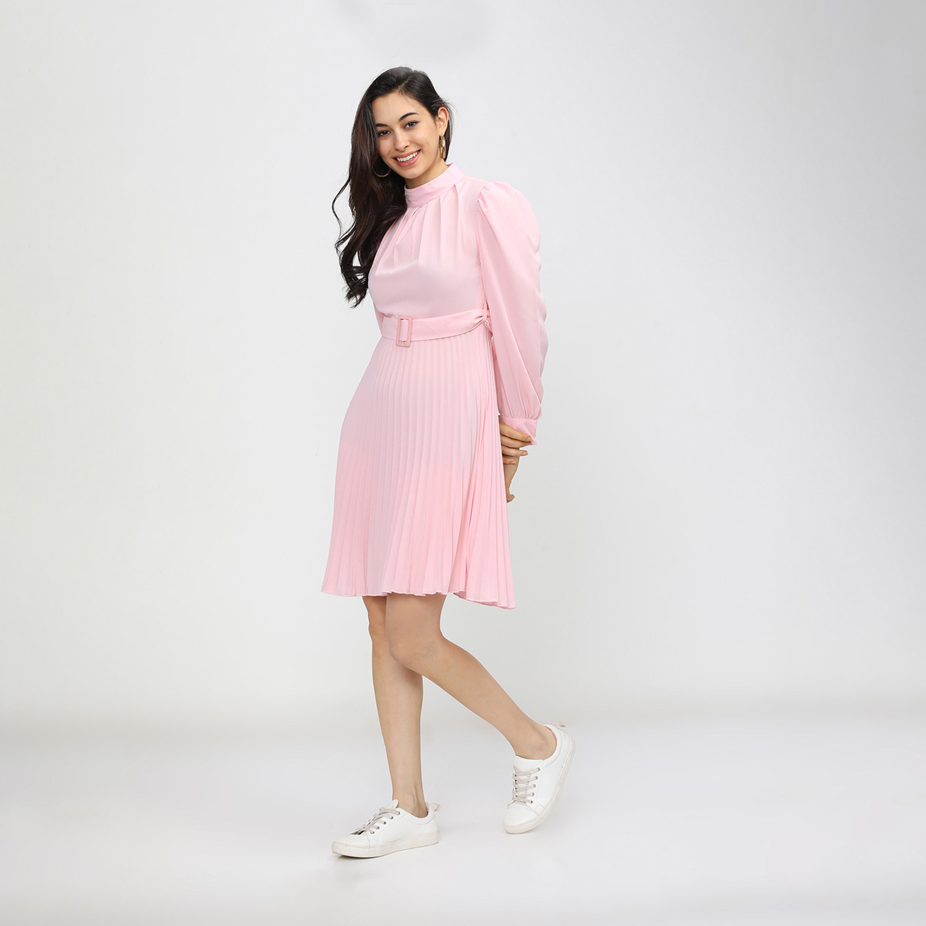 Tokyo Talkies X Styli High Neck Pleated Mini Dress with Waist Belt Detail-women-clothing-dresses-image-2