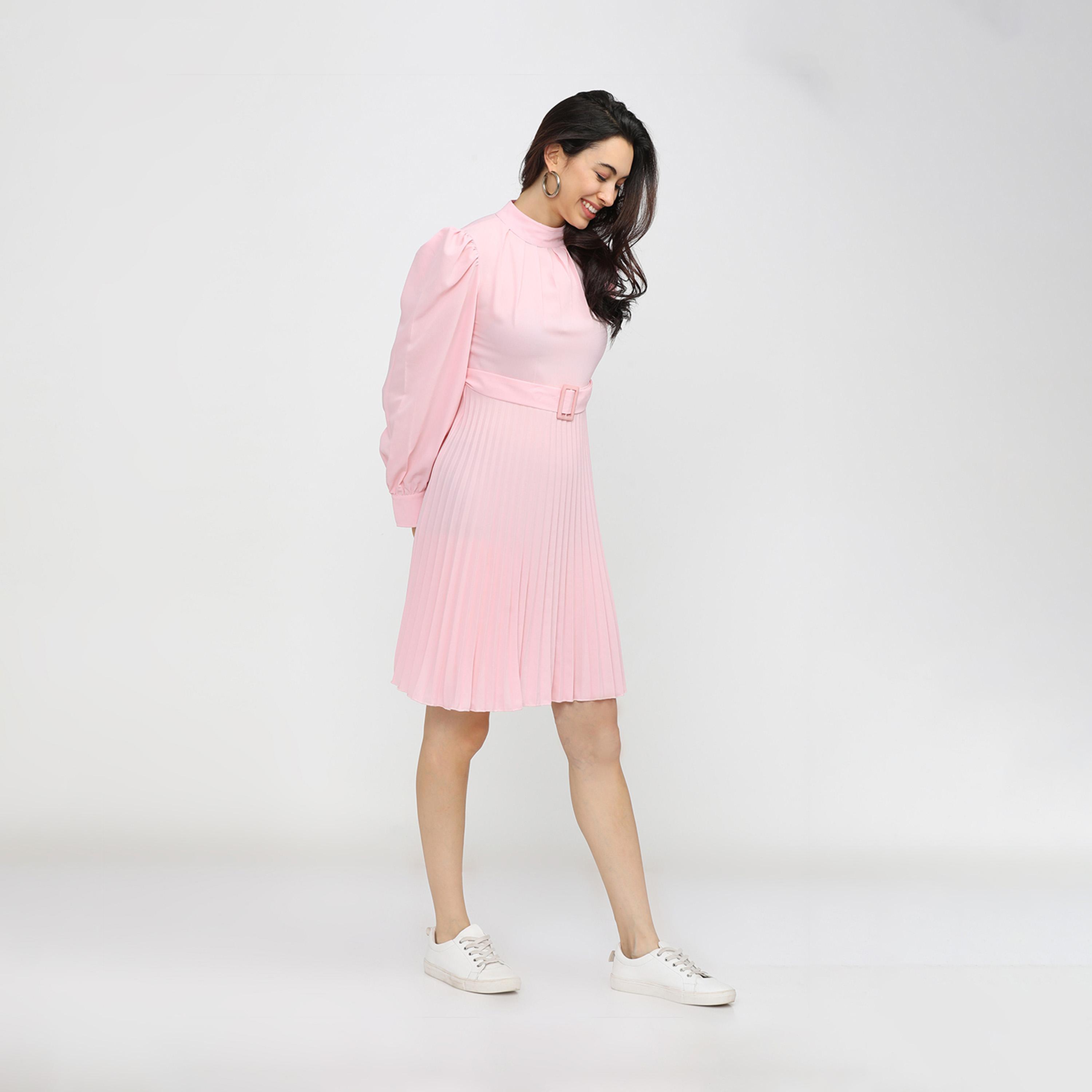 Tokyo Talkies X Styli High Neck Pleated Mini Dress with Waist Belt Detail-women-clothing-dresses-image-3
