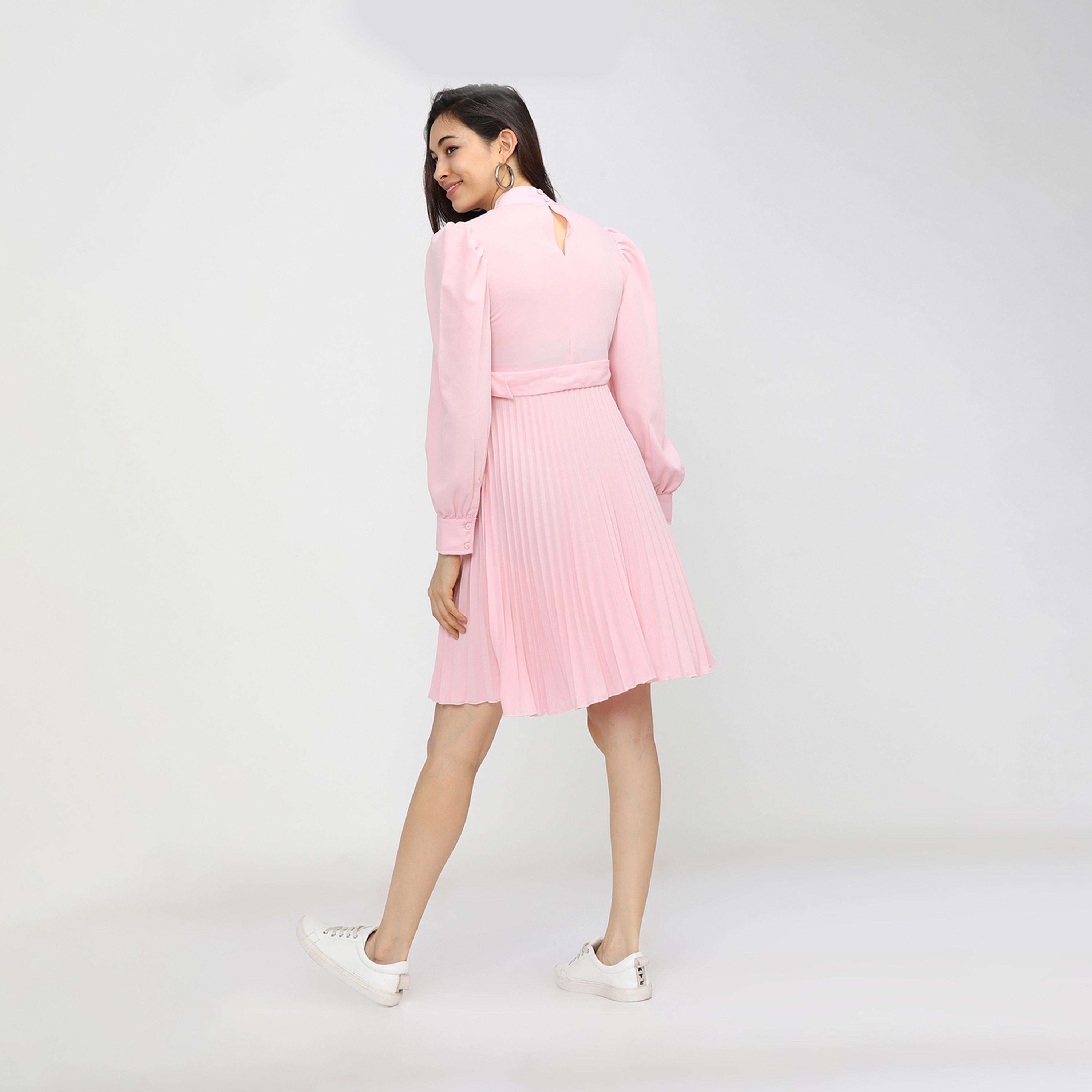 Tokyo Talkies X Styli High Neck Pleated Mini Dress with Waist Belt Detail-women-clothing-dresses-image-4