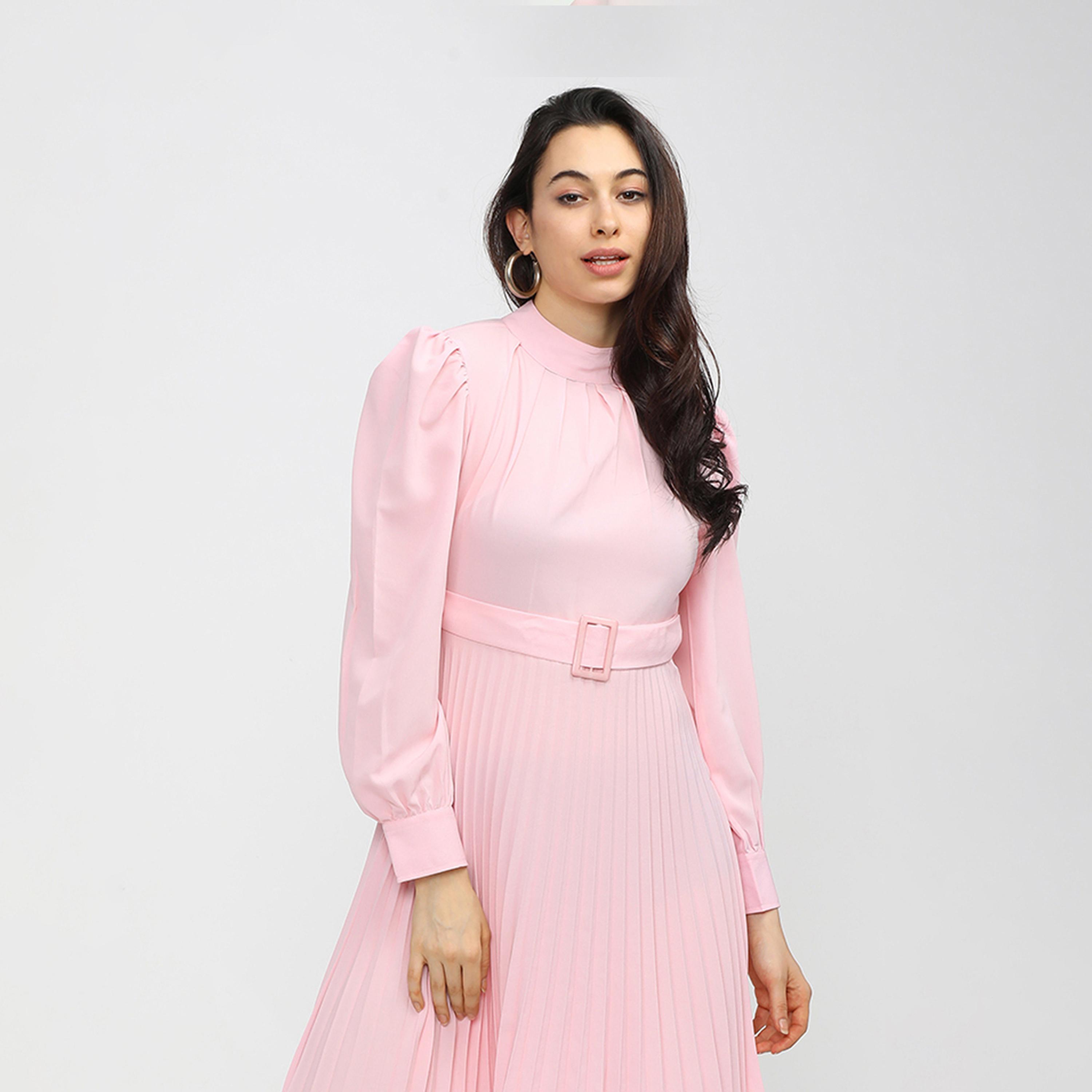 Tokyo Talkies X Styli High Neck Pleated Mini Dress with Waist Belt Detail-women-clothing-dresses-image-5