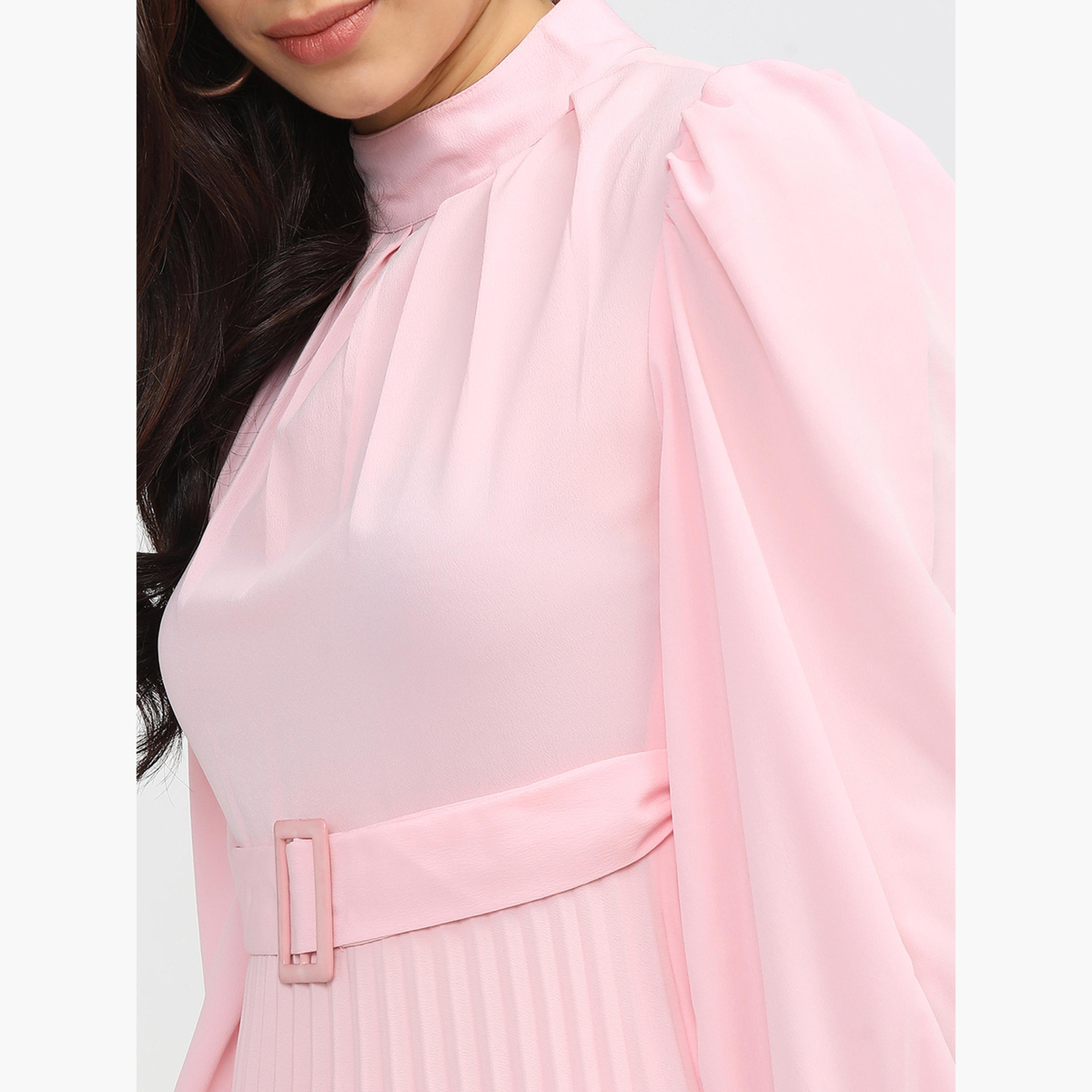 Tokyo Talkies X Styli High Neck Pleated Mini Dress with Waist Belt Detail-women-clothing-dresses-image-6