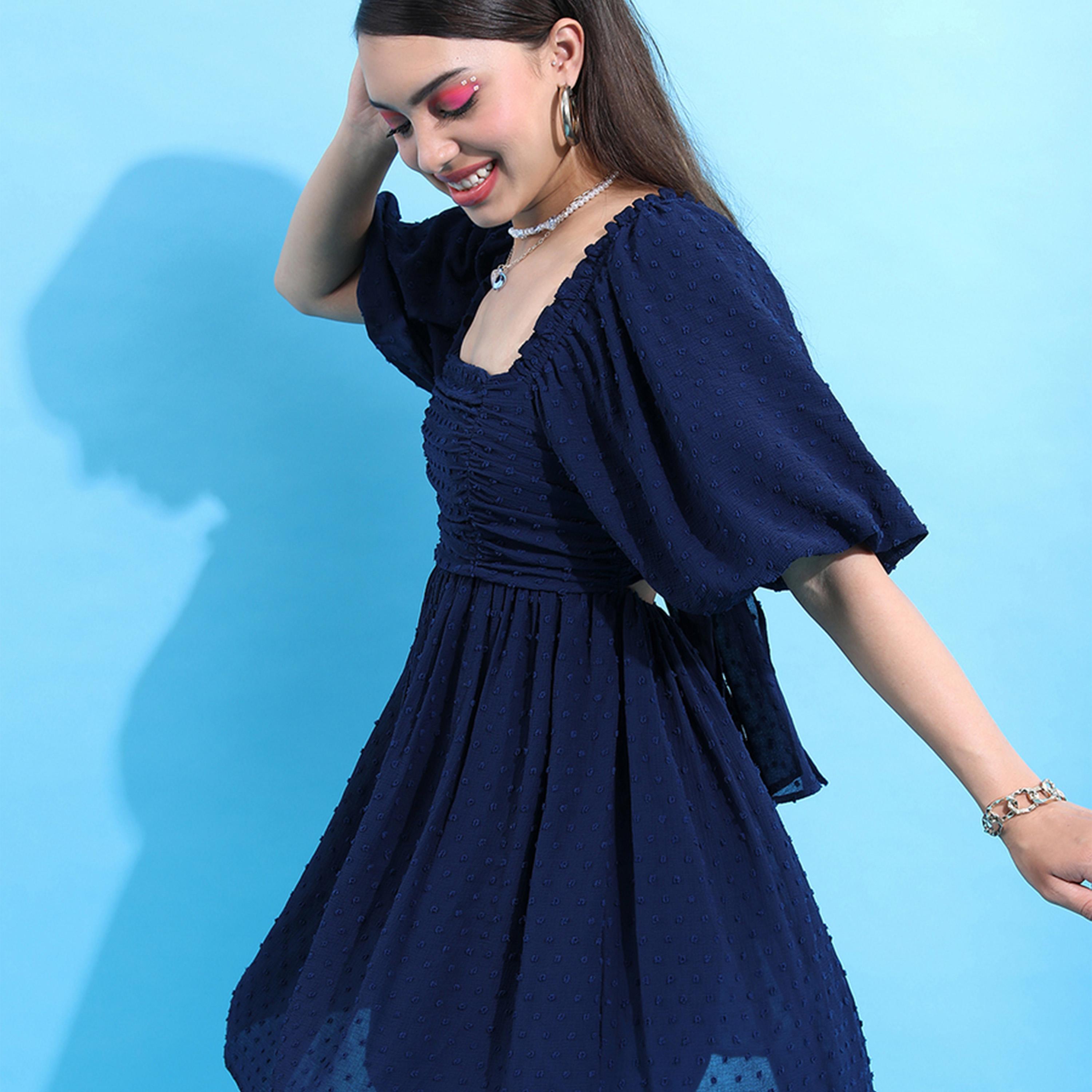 Tokyo Talkies X Styli Textured Puff Sleeve Gathered Detail Mini Dress-women-clothing-dresses-image-3