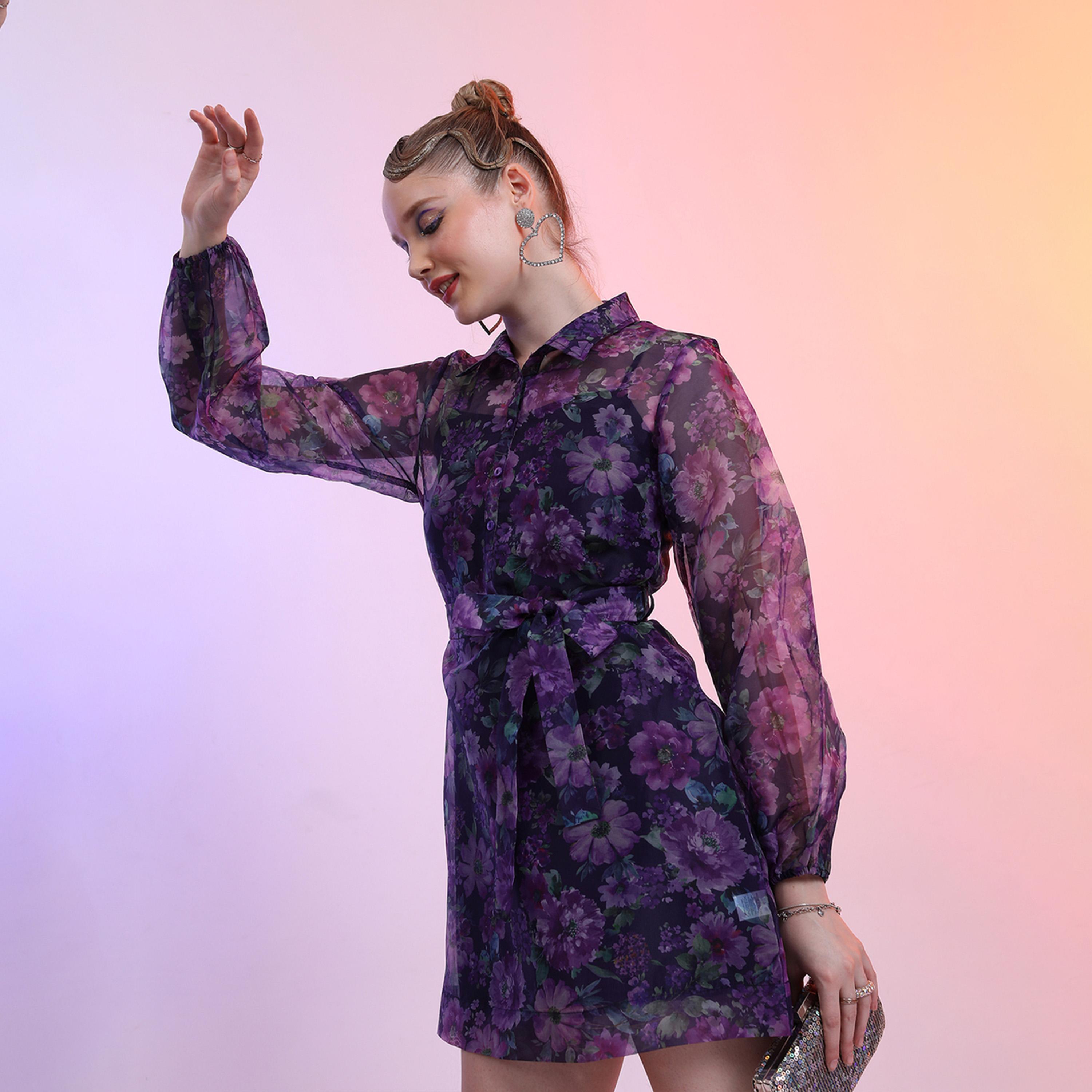 طوكيو توكيز - فستان قصير بأكمام منفوخة وياقة مطبوعة بالورود-women-clothing-dresses-image-1