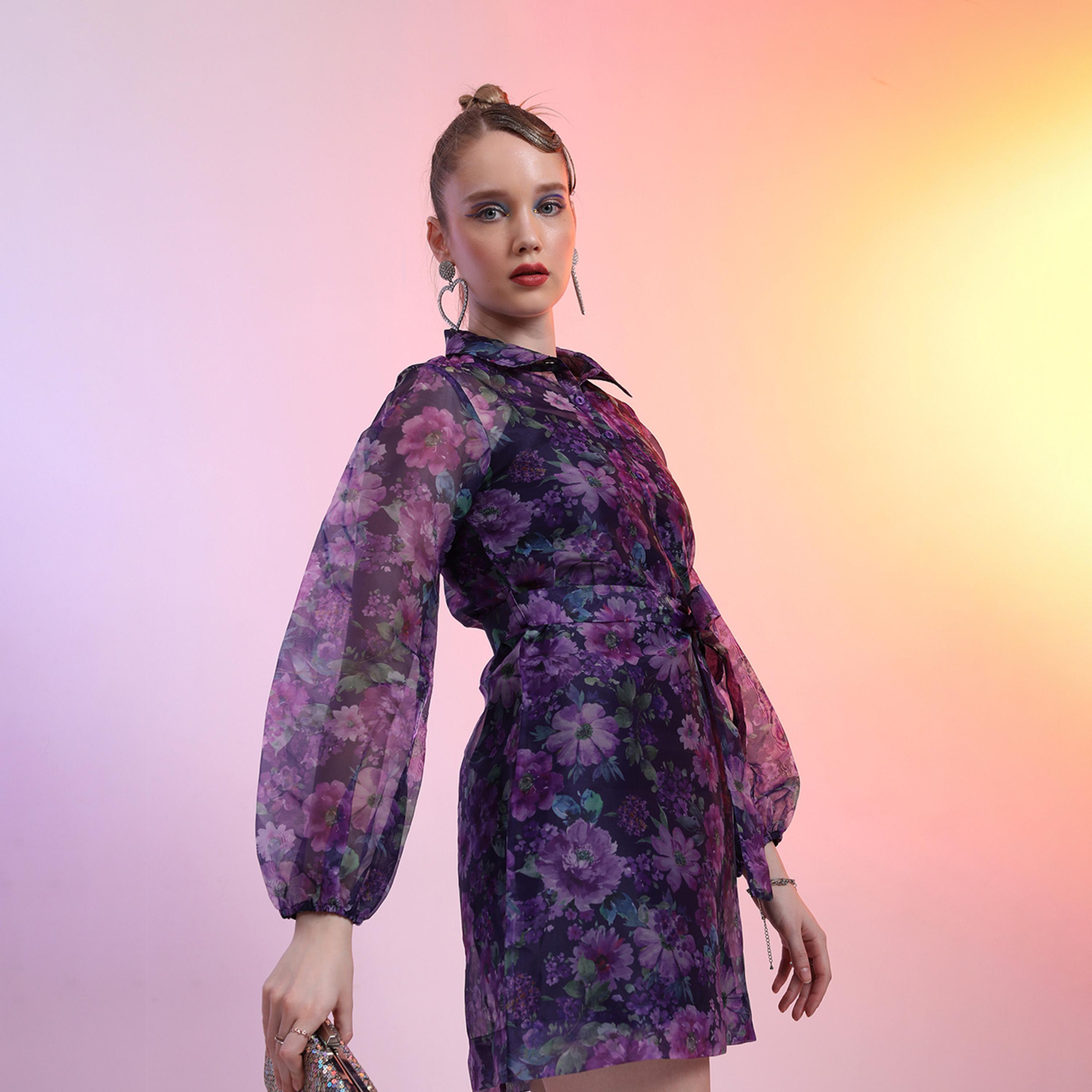 طوكيو توكيز - فستان قصير بأكمام منفوخة وياقة مطبوعة بالورود-women-clothing-dresses-image-3