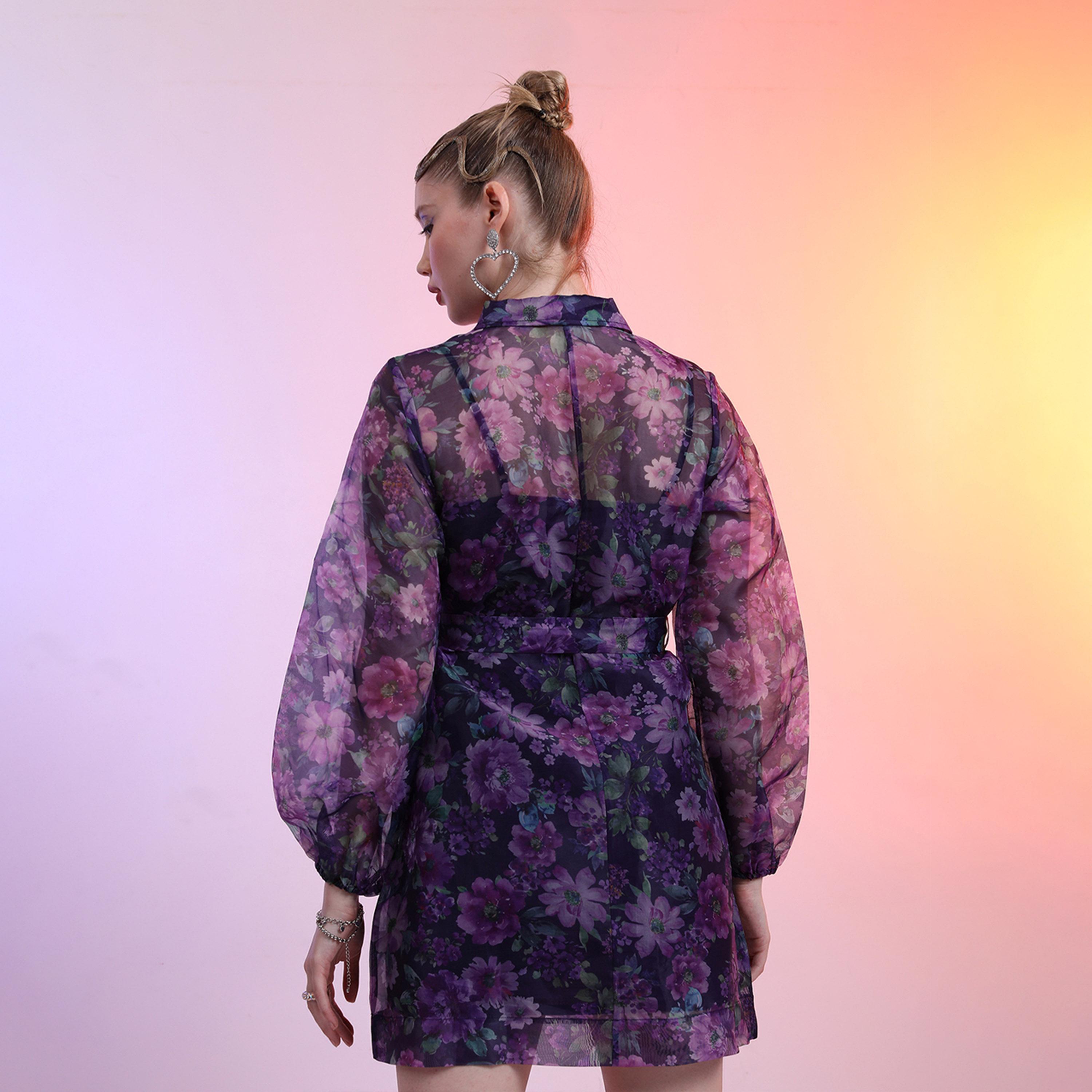 طوكيو توكيز - فستان قصير بأكمام منفوخة وياقة مطبوعة بالورود-women-clothing-dresses-image-4