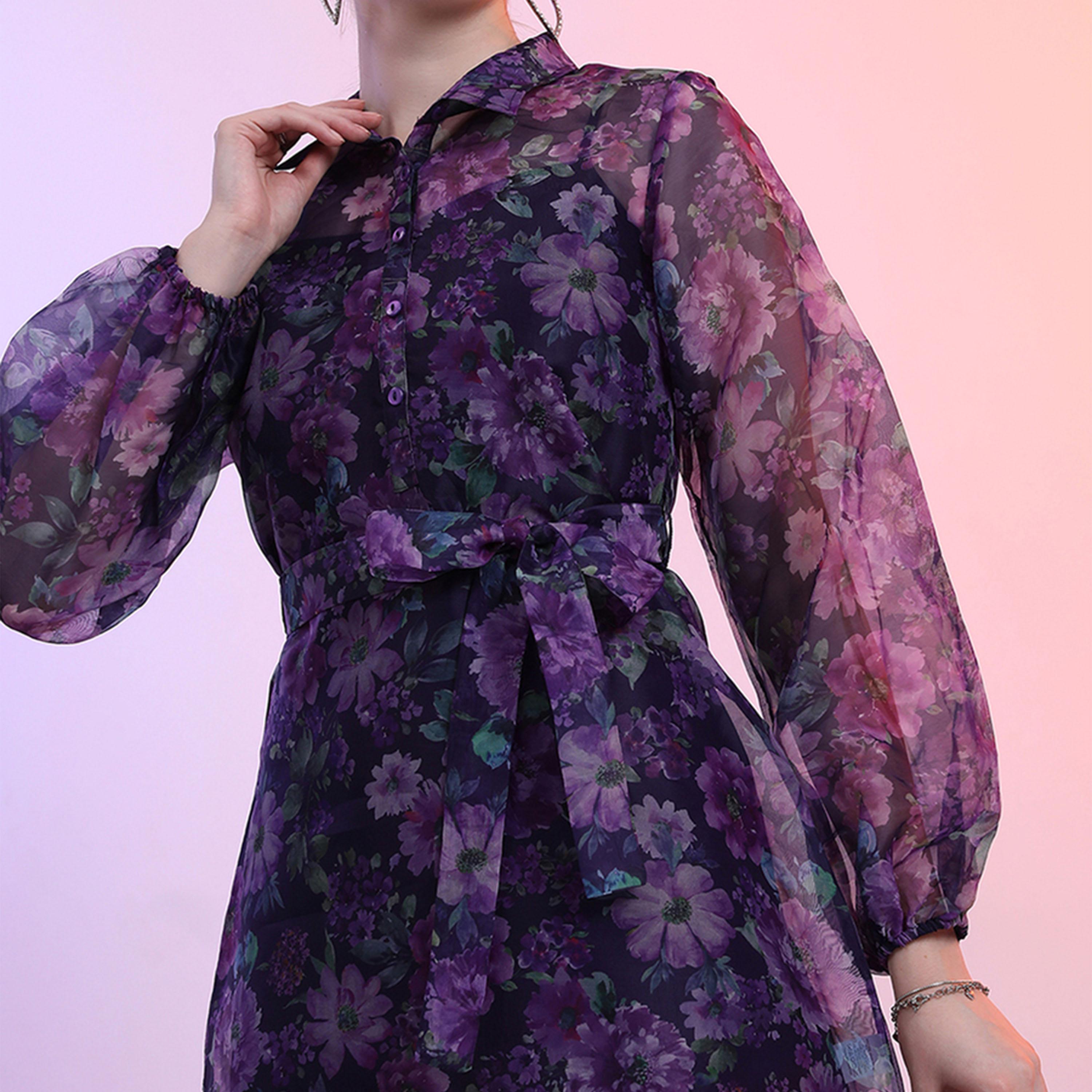 طوكيو توكيز - فستان قصير بأكمام منفوخة وياقة مطبوعة بالورود-women-clothing-dresses-image-5