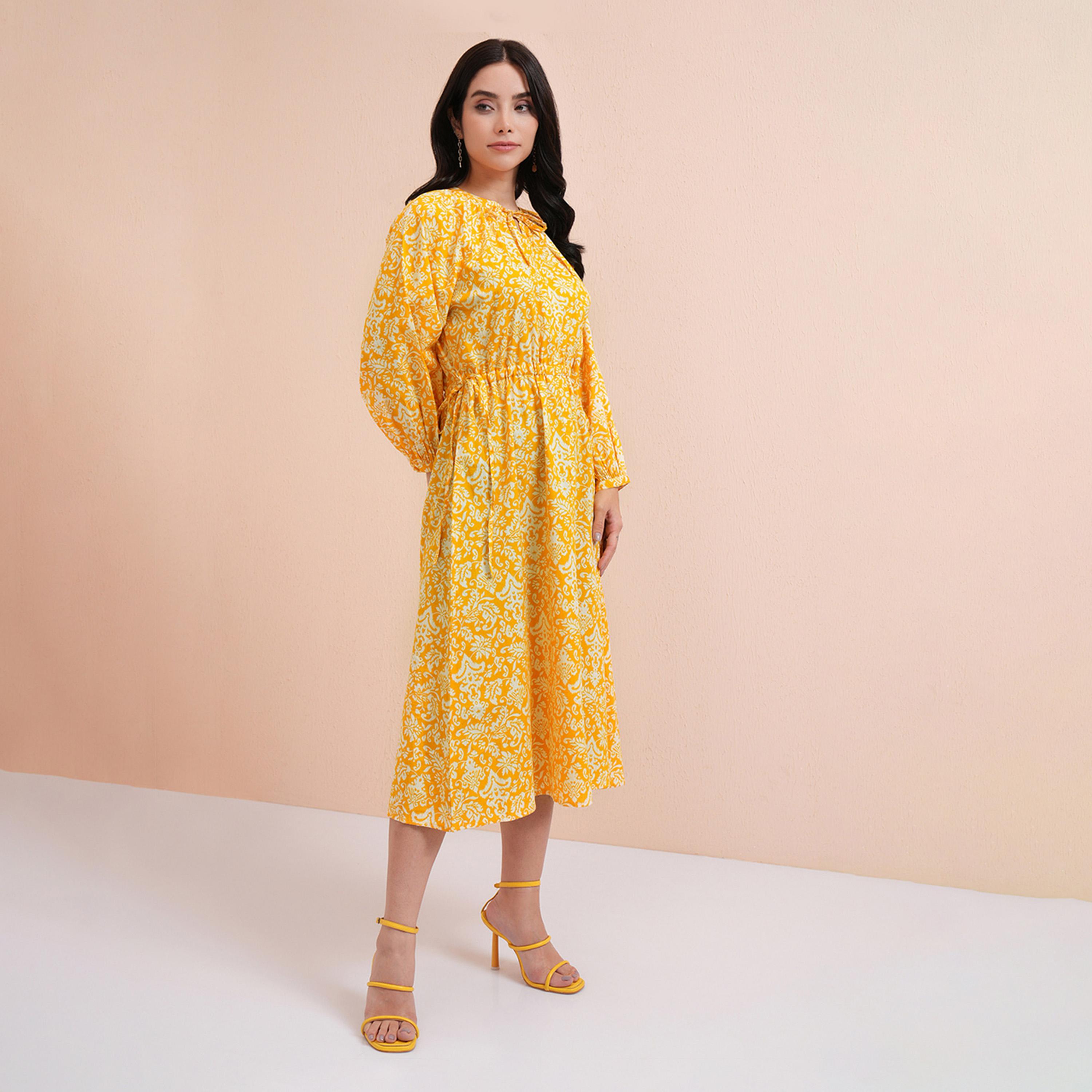 Tokyo Talkies X Styli Floral Print Balloon Sleeve Midi Dress with Ruched Waist Detail-women-clothing-dresses-image-1