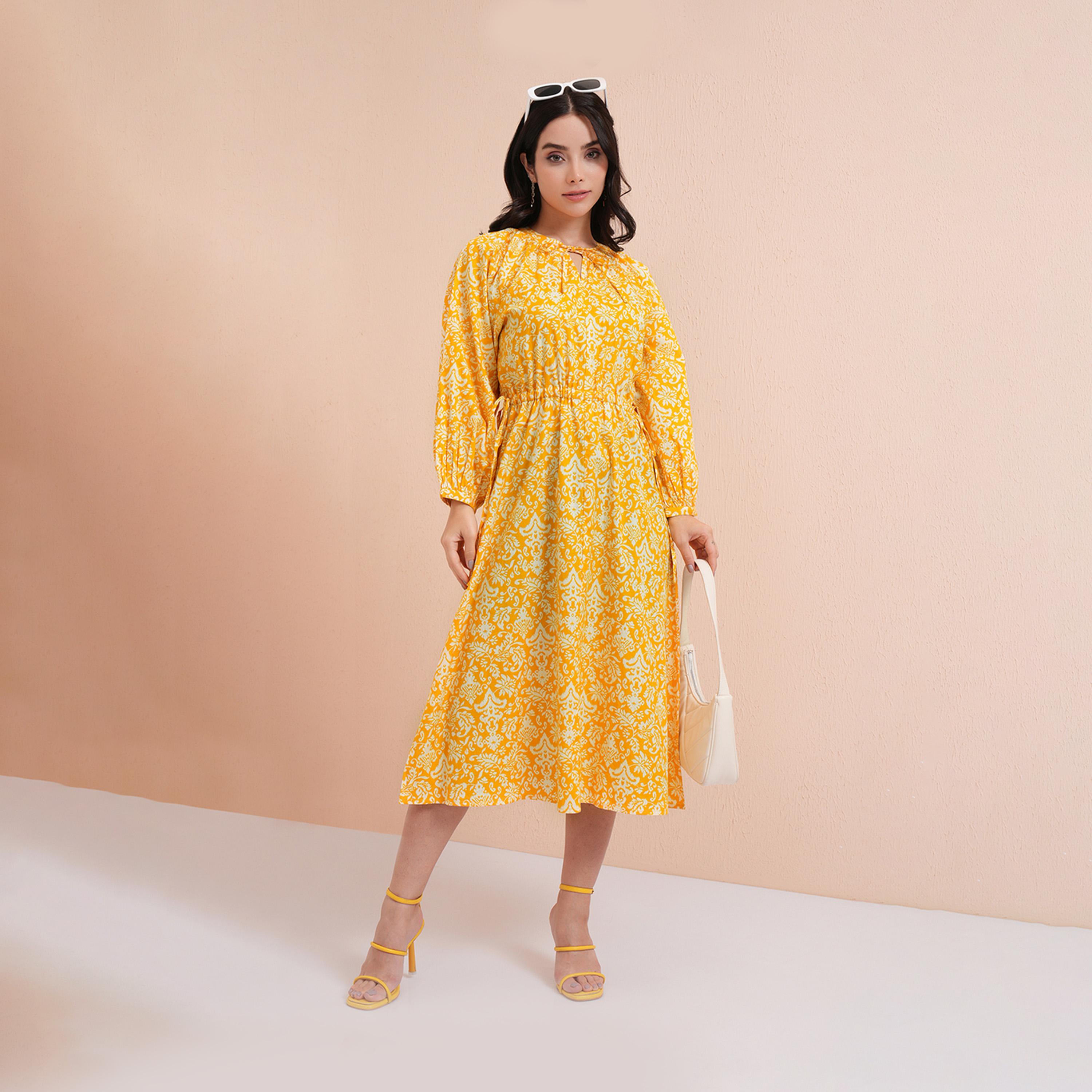 Tokyo Talkies X Styli Floral Print Balloon Sleeve Midi Dress with Ruched Waist Detail-women-clothing-dresses-image-2