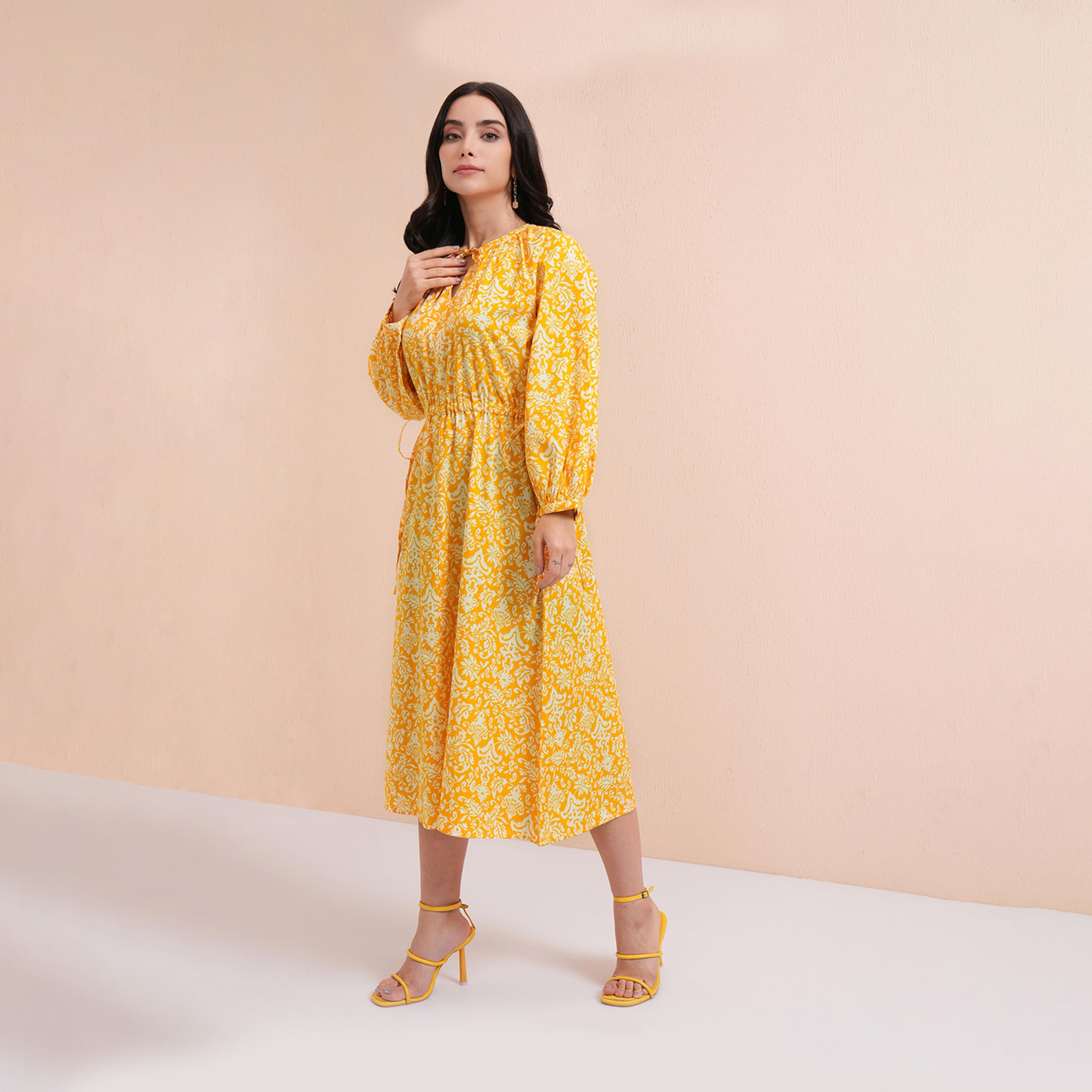 Tokyo Talkies X Styli Floral Print Balloon Sleeve Midi Dress with Ruched Waist Detail-women-clothing-dresses-image-3