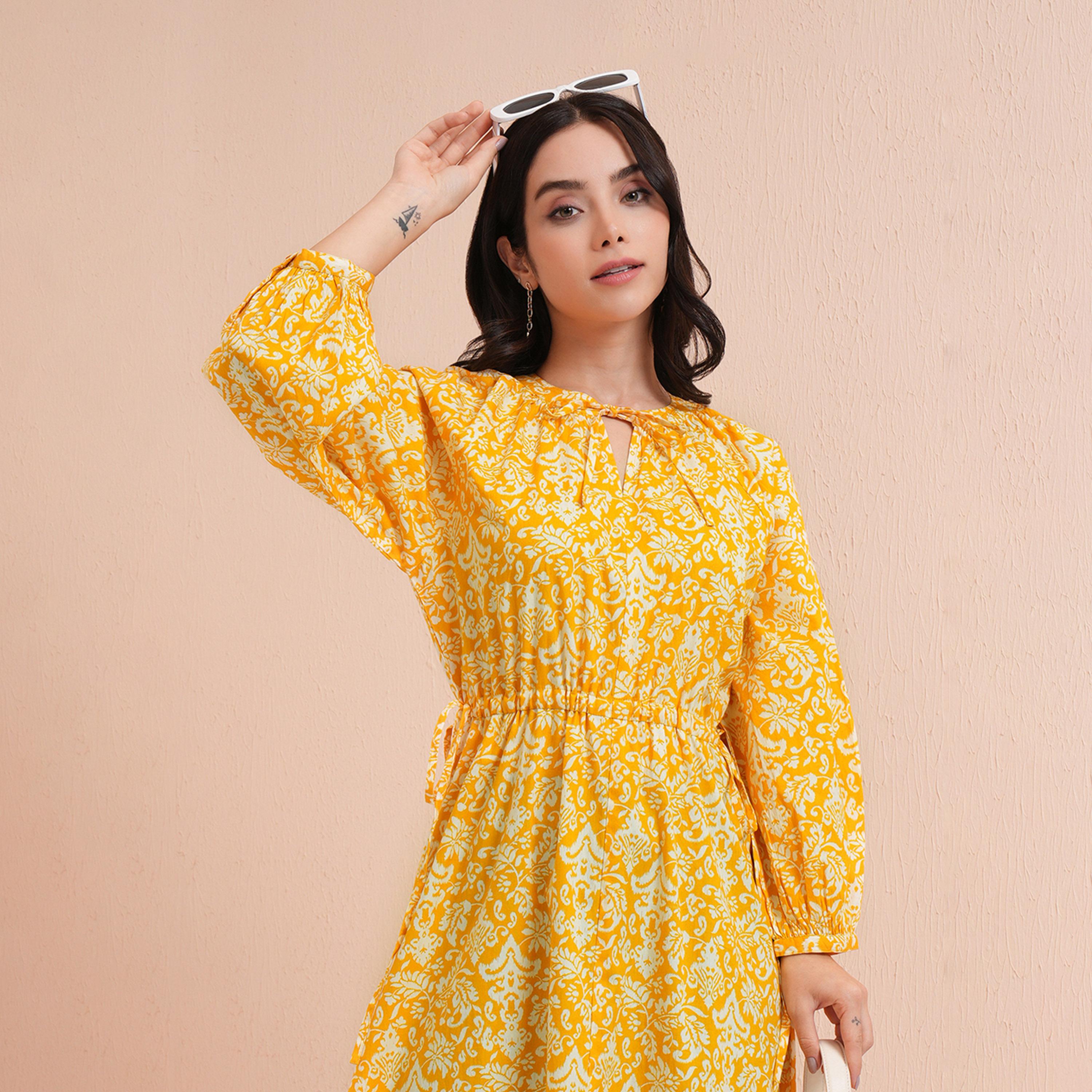 Tokyo Talkies X Styli Floral Print Balloon Sleeve Midi Dress with Ruched Waist Detail-women-clothing-dresses-image-5