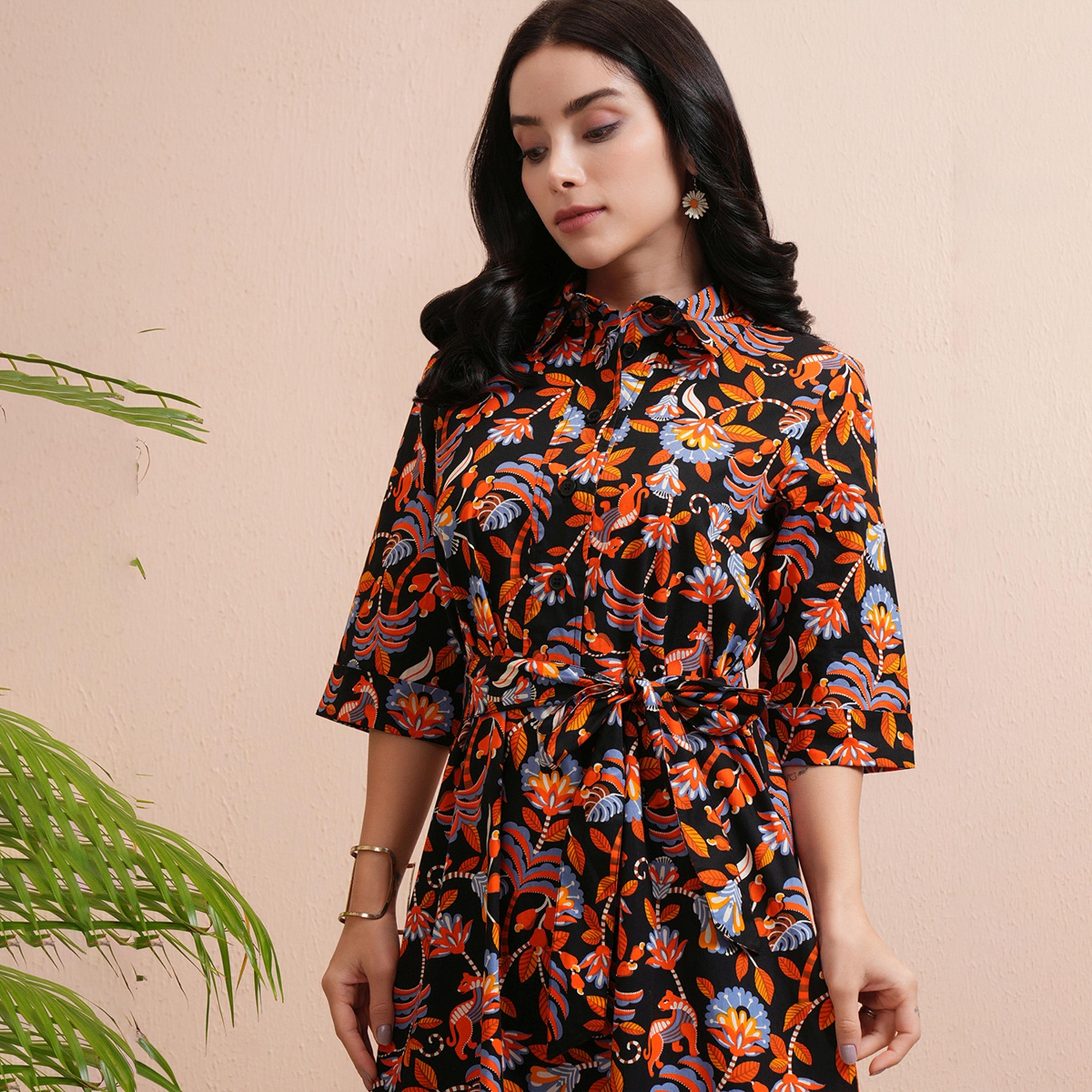 Tokyo Talkies X Styli Floral Print Shirt Maxi Dress with Waist Tie Detail-women-clothing-dresses-image-5