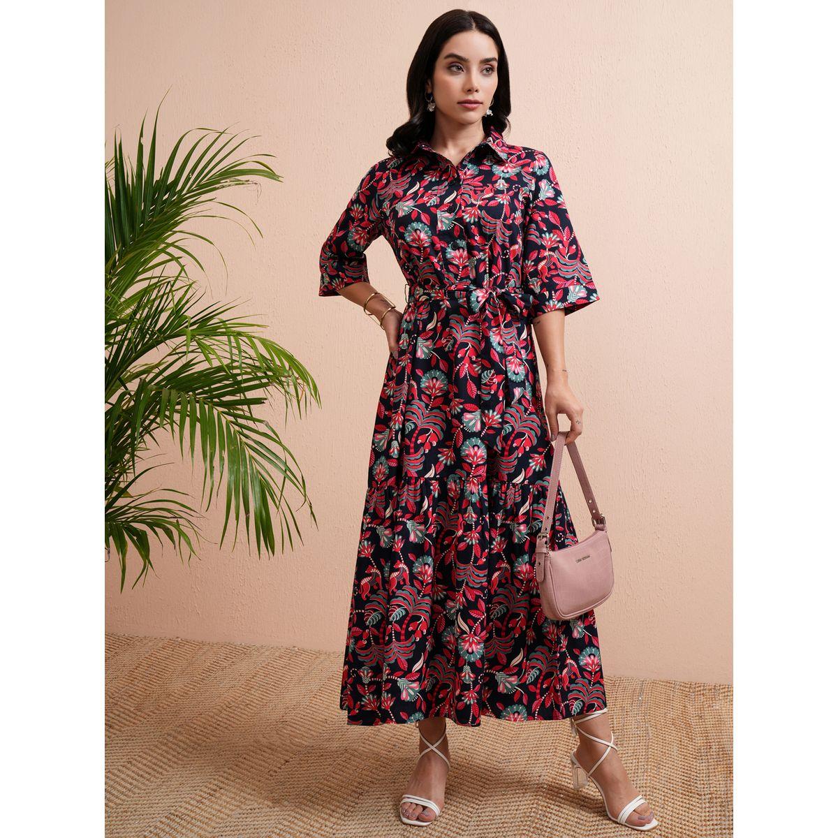 Tokyo Talkies X Styli Floral Print Shirt Maxi Dress with Tie-Belt-women-clothing-dresses-image-2