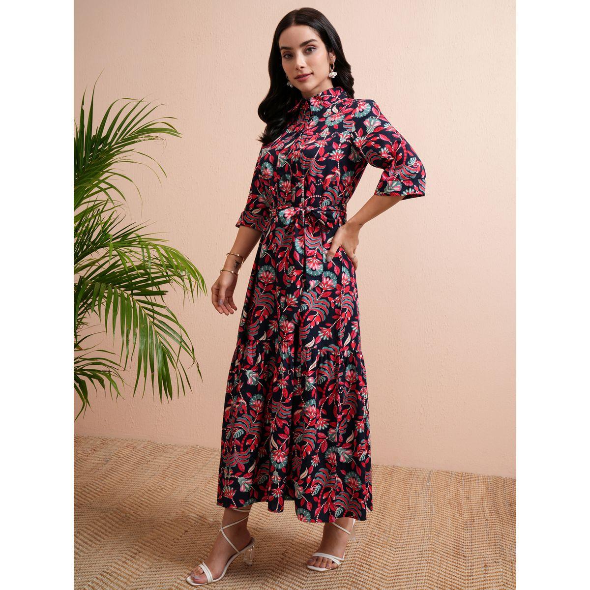 Tokyo Talkies X Styli Floral Print Shirt Maxi Dress with Tie-Belt-women-clothing-dresses-image-4