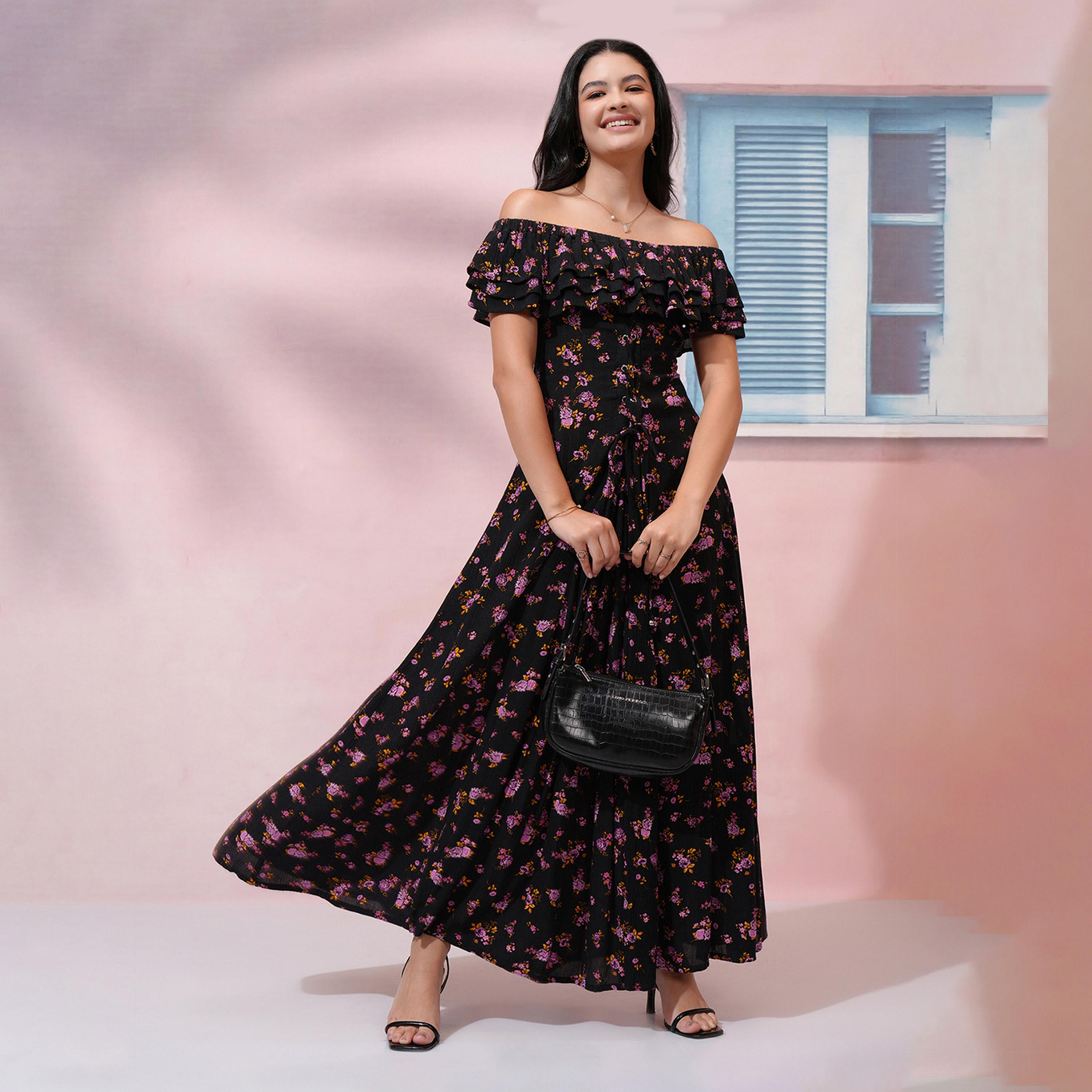 طوكيو توكيز - فستان ماكسي بطبعة زهور كاملة مع كشكشة على الكتفين وفتحة رقبة من-women-clothing-dresses-image-1