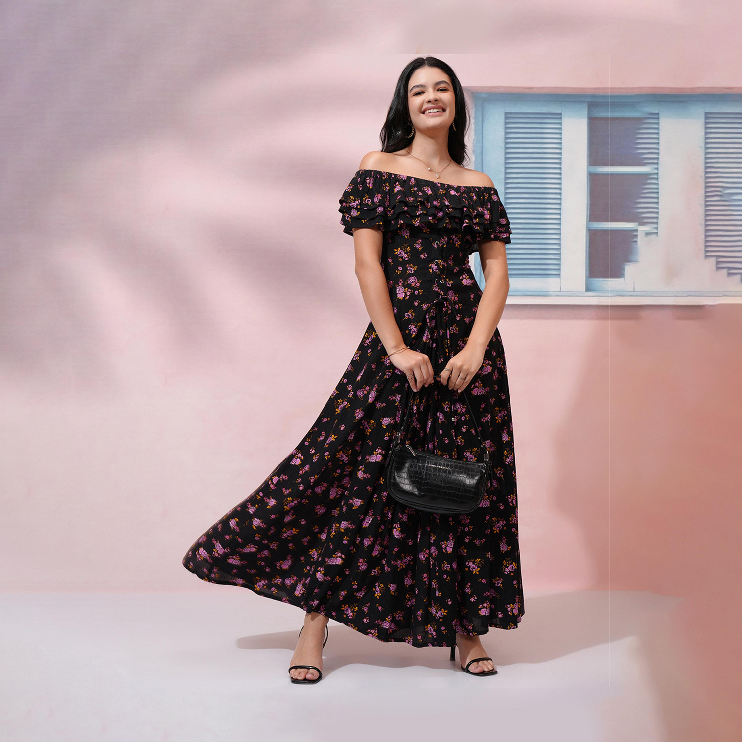 طوكيو توكيز - فستان ماكسي بطبعة زهور كاملة مع كشكشة على الكتفين وفتحة رقبة من-women-clothing-dresses-image-2