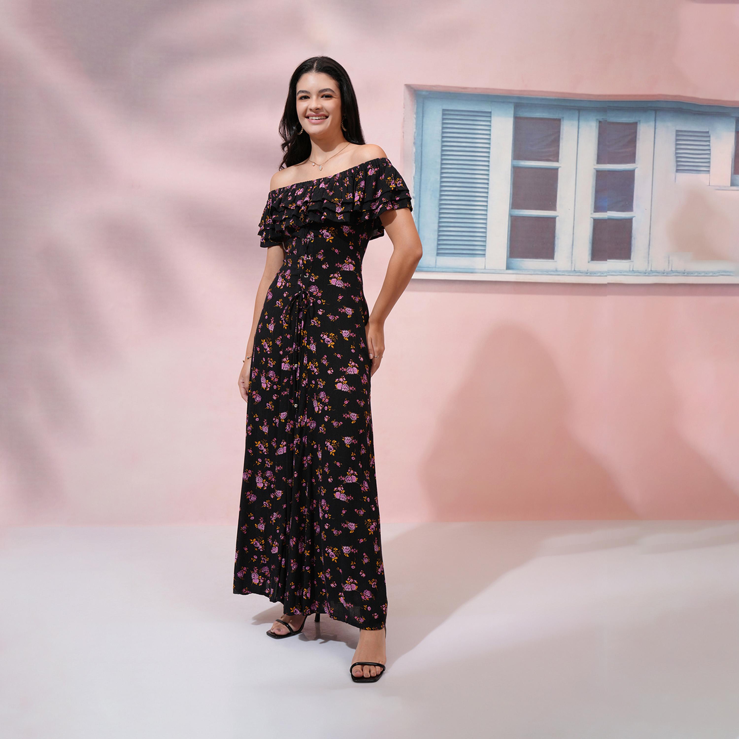 طوكيو توكيز - فستان ماكسي بطبعة زهور كاملة مع كشكشة على الكتفين وفتحة رقبة من-women-clothing-dresses-image-3