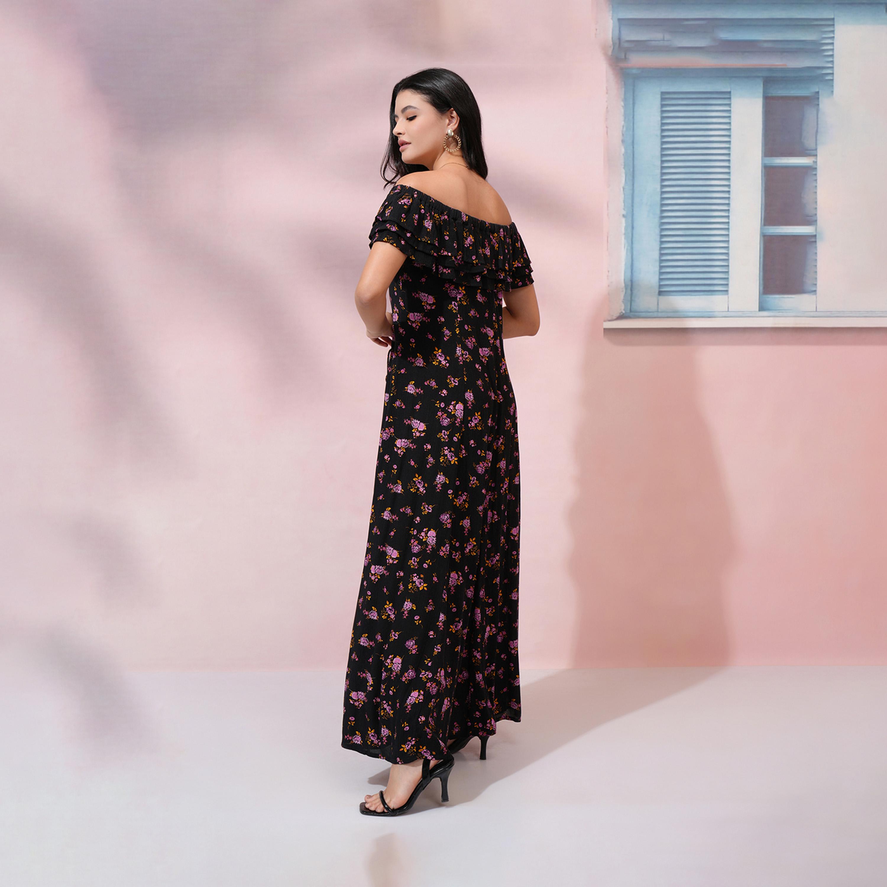 طوكيو توكيز - فستان ماكسي بطبعة زهور كاملة مع كشكشة على الكتفين وفتحة رقبة من-women-clothing-dresses-image-5