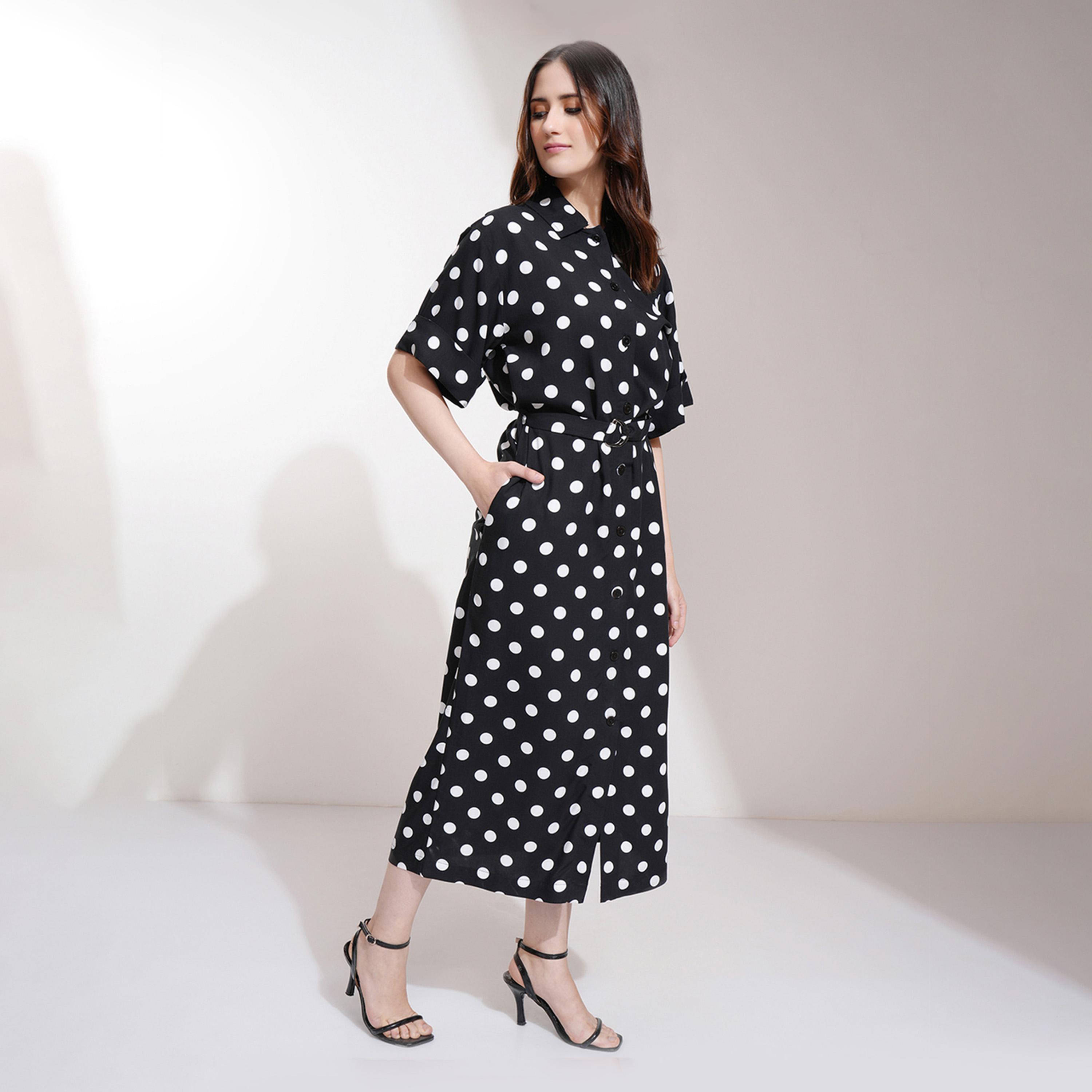 Tokyo Talkies X Styli Polka Dot Printed Button Down Shirt Midi Dress-women-clothing-dresses-image-1