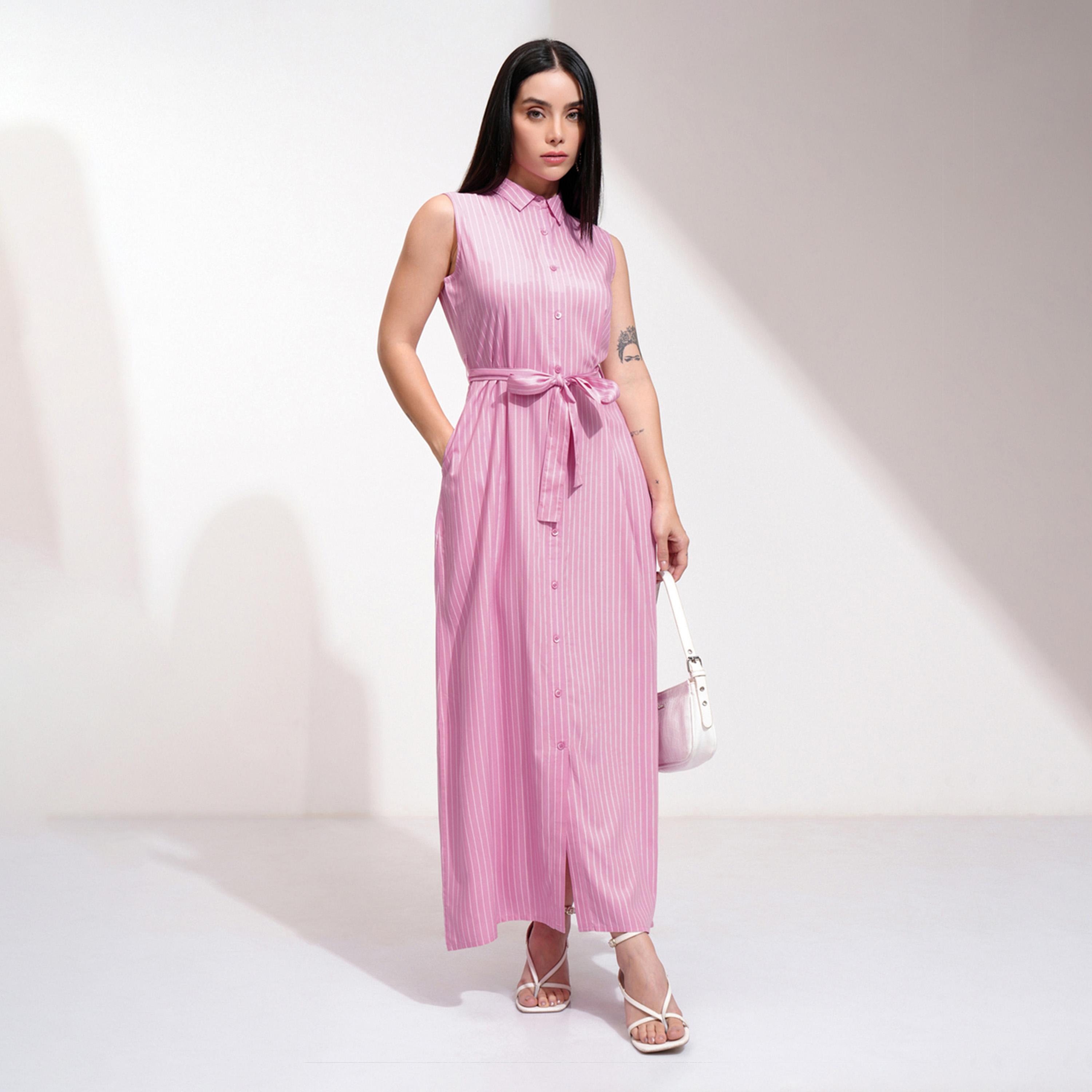 طوكيو توكيز - فستان ماكسي مخطط بدون أكمام بقصة A مع تفاصيل رباط على الخصر-women-clothing-dresses-image-1