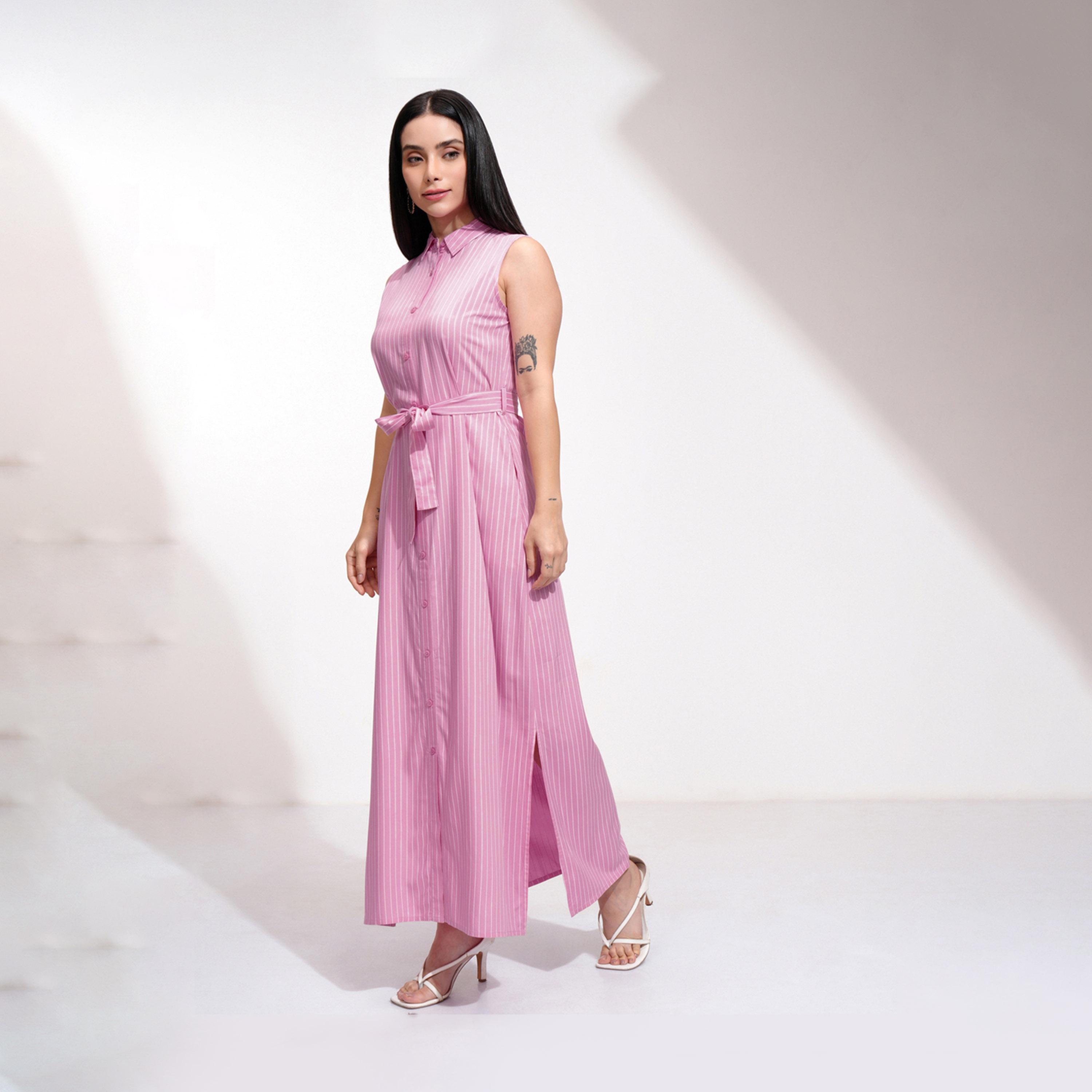 طوكيو توكيز - فستان ماكسي مخطط بدون أكمام بقصة A مع تفاصيل رباط على الخصر-women-clothing-dresses-image-2
