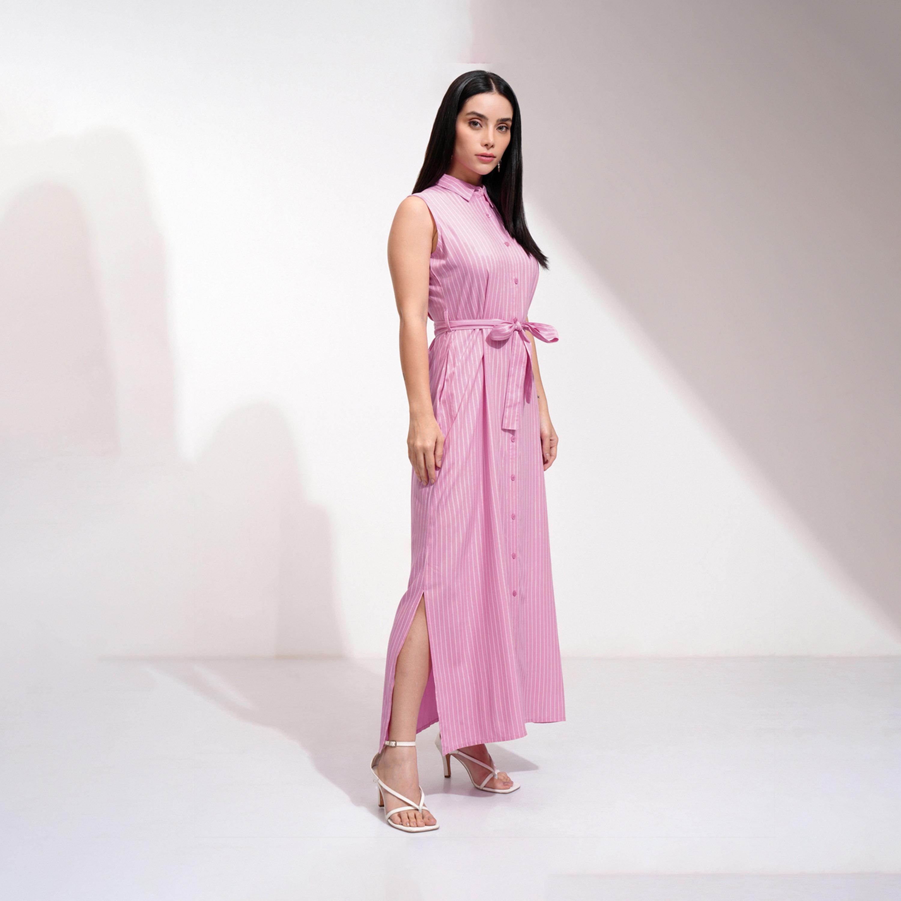 طوكيو توكيز - فستان ماكسي مخطط بدون أكمام بقصة A مع تفاصيل رباط على الخصر-women-clothing-dresses-image-3