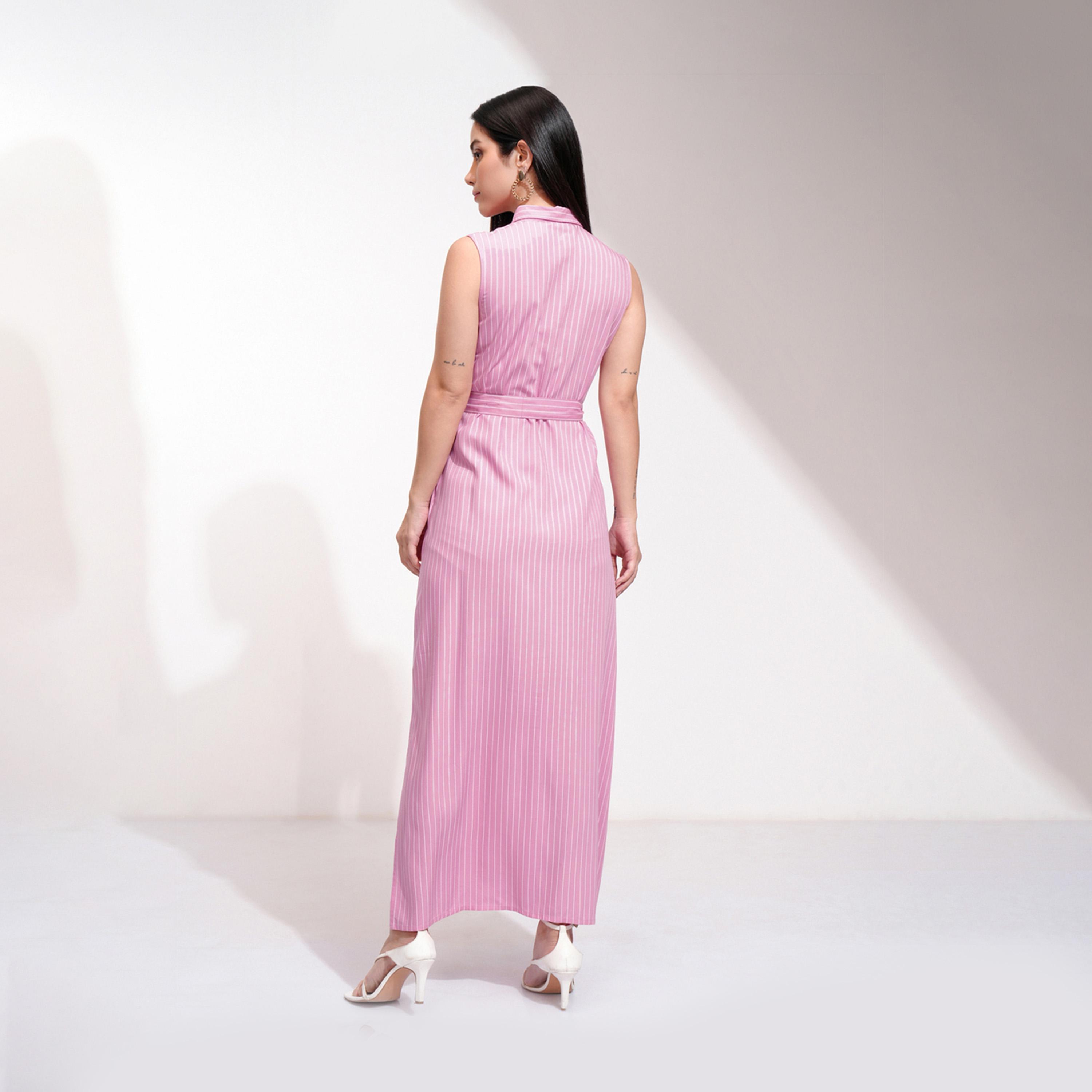 طوكيو توكيز - فستان ماكسي مخطط بدون أكمام بقصة A مع تفاصيل رباط على الخصر-women-clothing-dresses-image-4