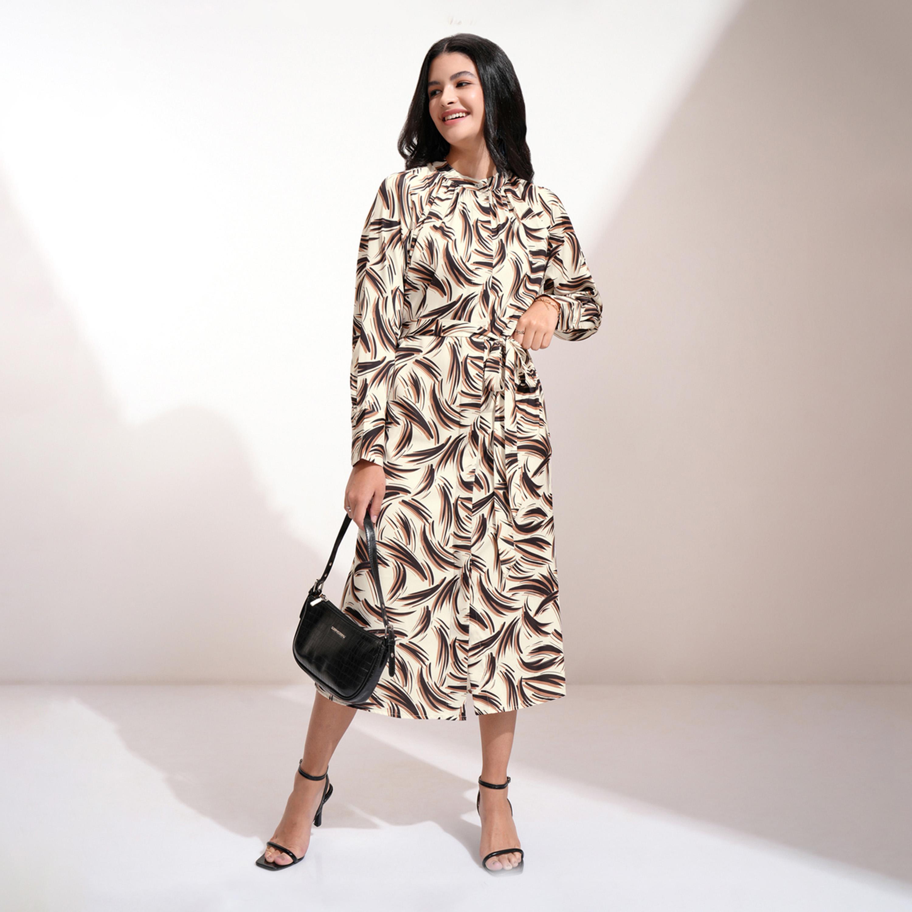 Tokyo Talkies X Styli All-Over Print A-Line Midi Dress with Waist Belt Detail-women-clothing-dresses-image-1