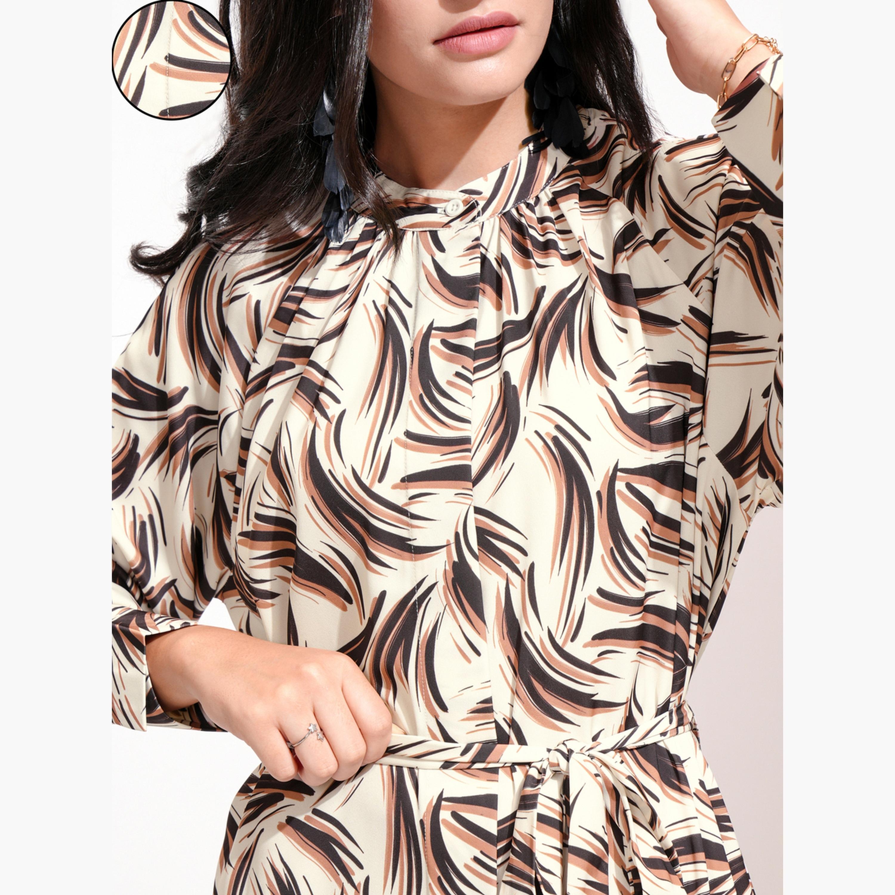 Tokyo Talkies X Styli All-Over Print A-Line Midi Dress with Waist Belt Detail-women-clothing-dresses-image-5