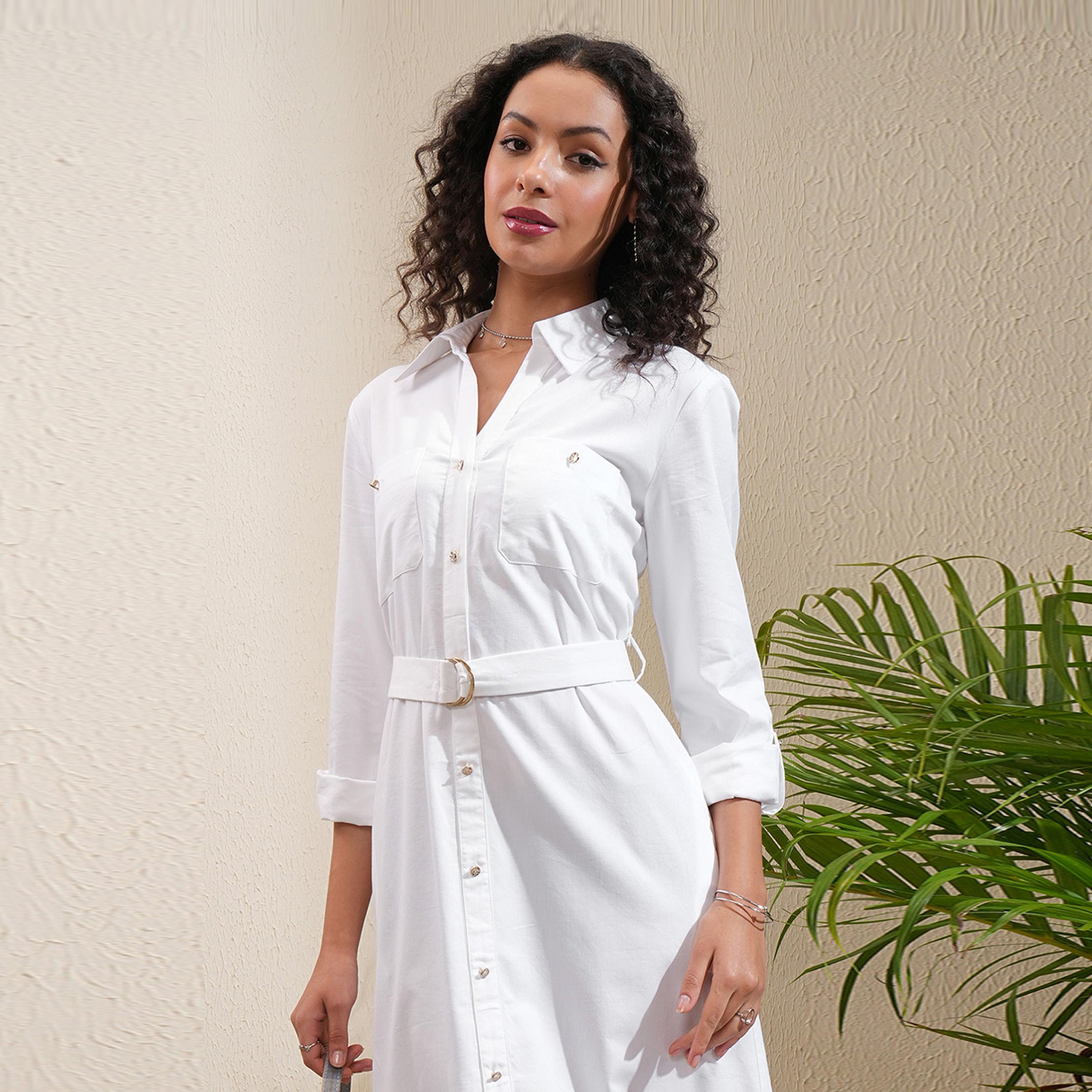 طوكيو توكيز × ستايلي - فستان قميص متوسط الطول بياقة وتفاصيل حزام-women-clothing-dresses-image-3