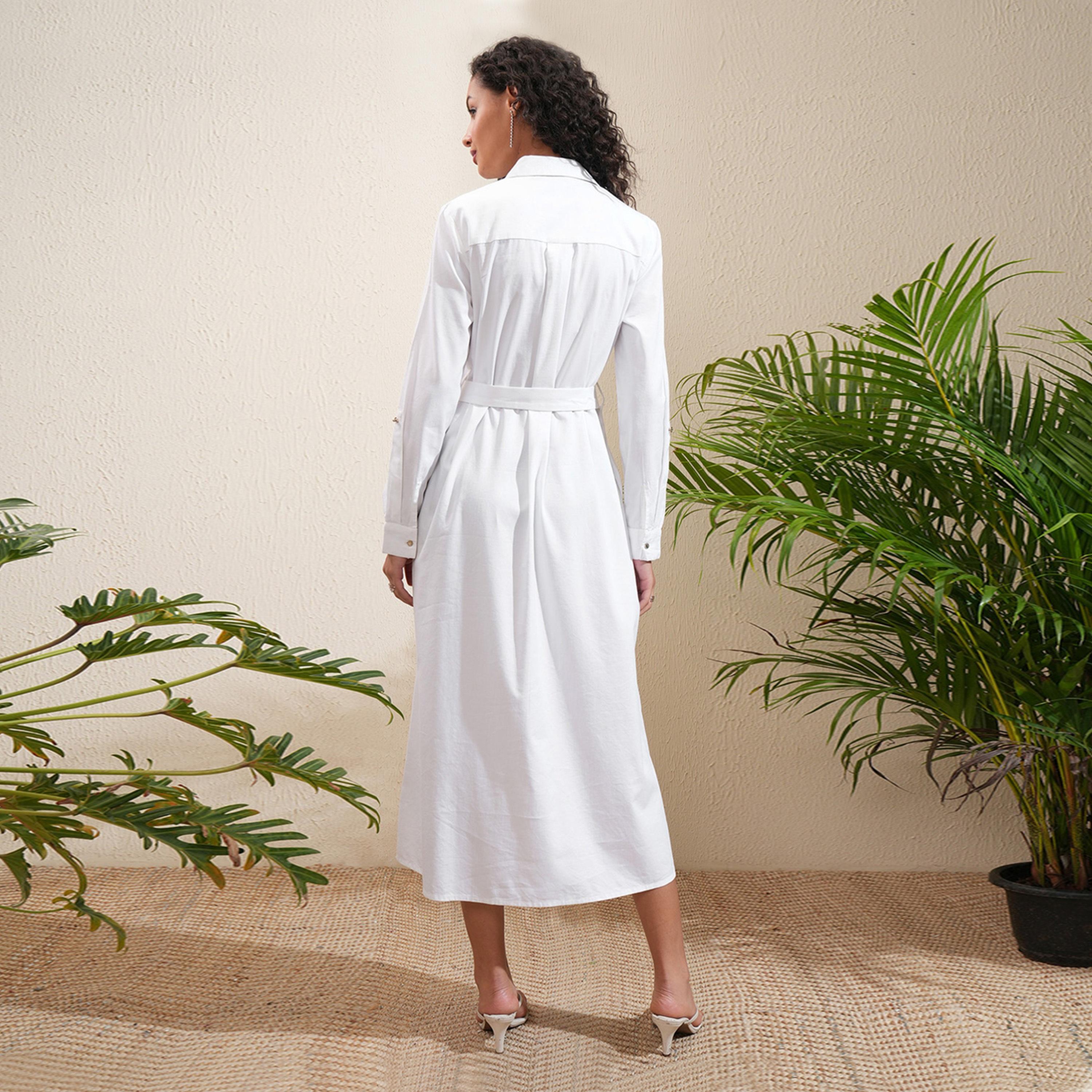 Tokyo Talkies X Styli Solid Collared Shirt Midi Dress With Belt Detail-women-clothing-dresses-image-4