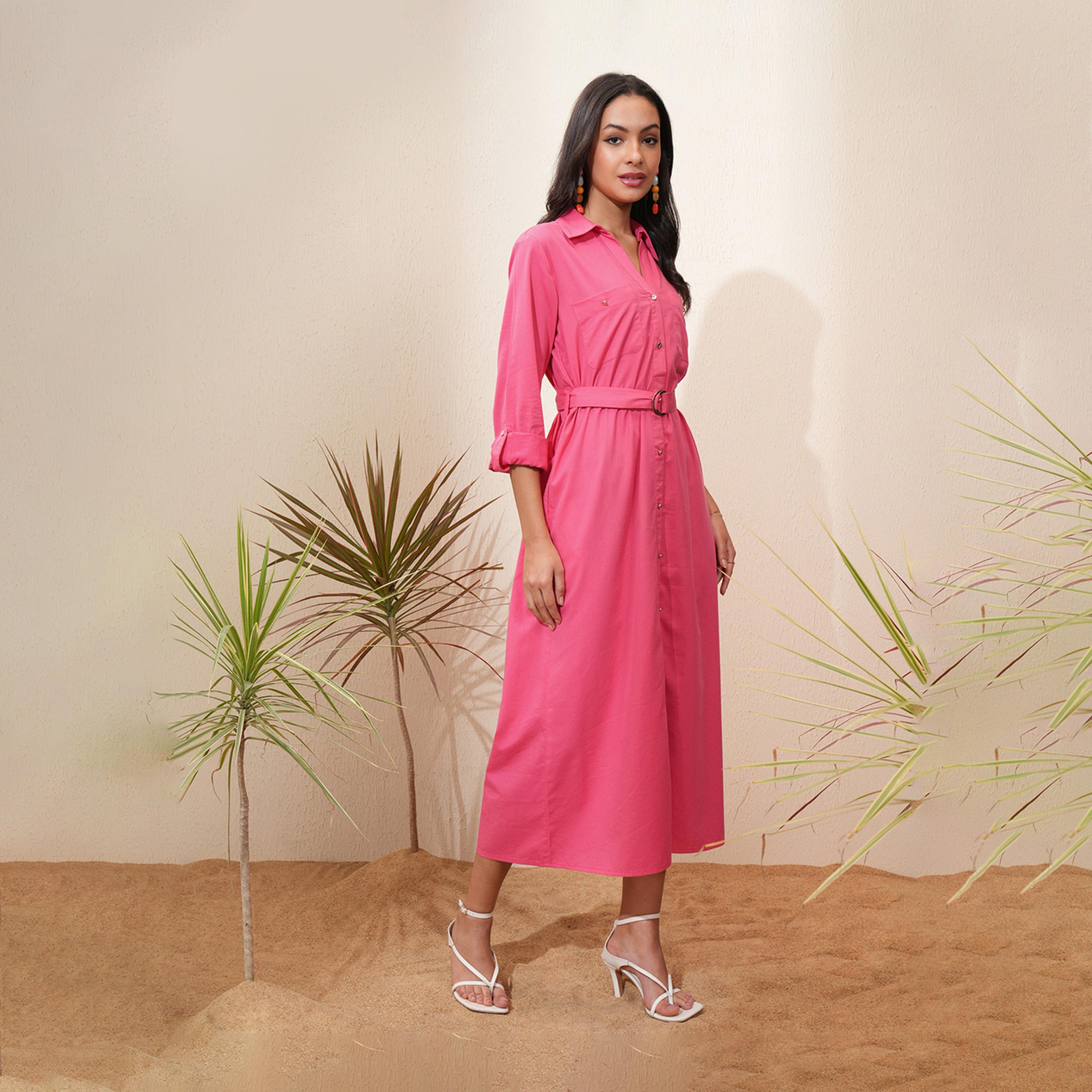 Tokyo Talkies X Styli Solid Collared Shirt Midi Dress with Belt Detail-women-clothing-dresses-image-3