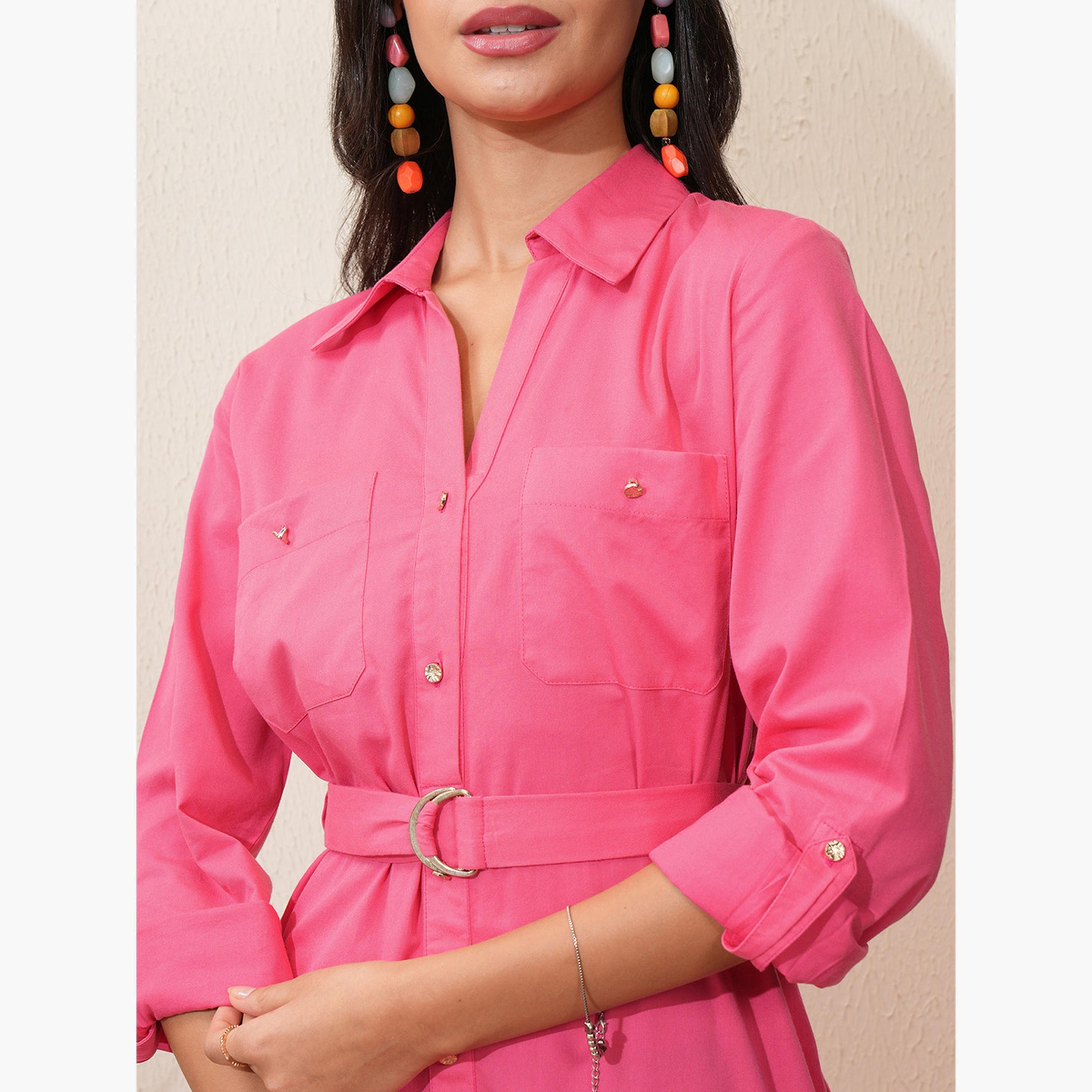 Tokyo Talkies X Styli Solid Collared Shirt Midi Dress with Belt Detail-women-clothing-dresses-image-6