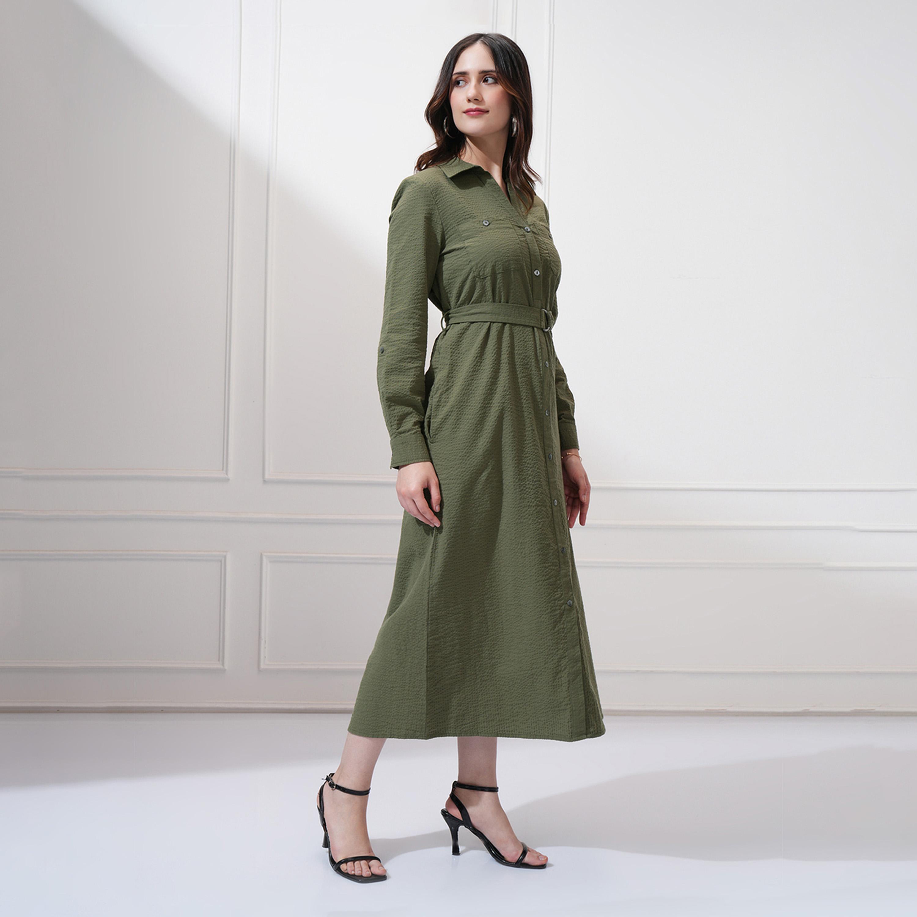 Tokyo Talkies X Styli Textured Collared Shirt Midi Dress with Belt Detail-women-clothing-dresses-image-1