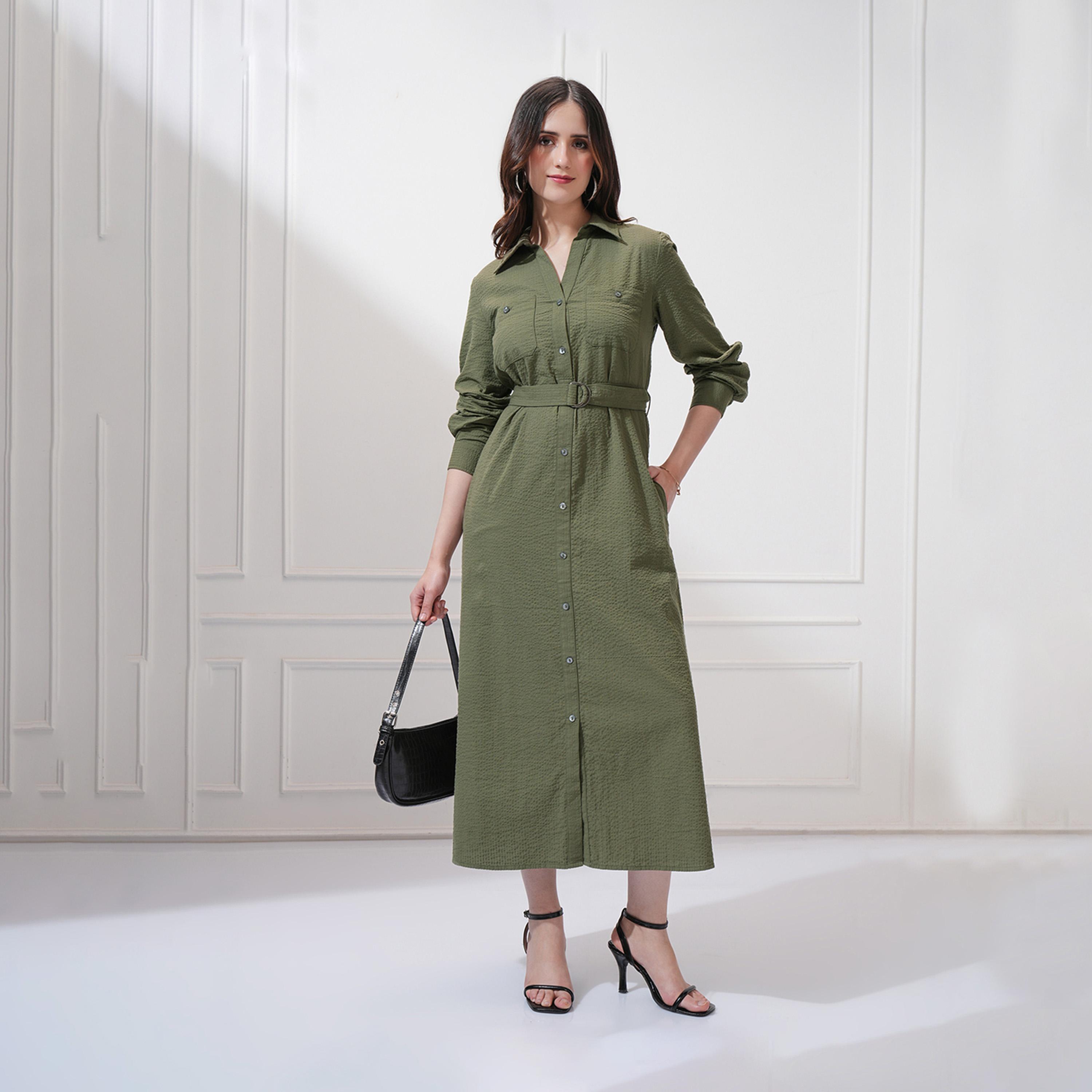 Tokyo Talkies X Styli Textured Collared Shirt Midi Dress with Belt Detail-women-clothing-dresses-image-2