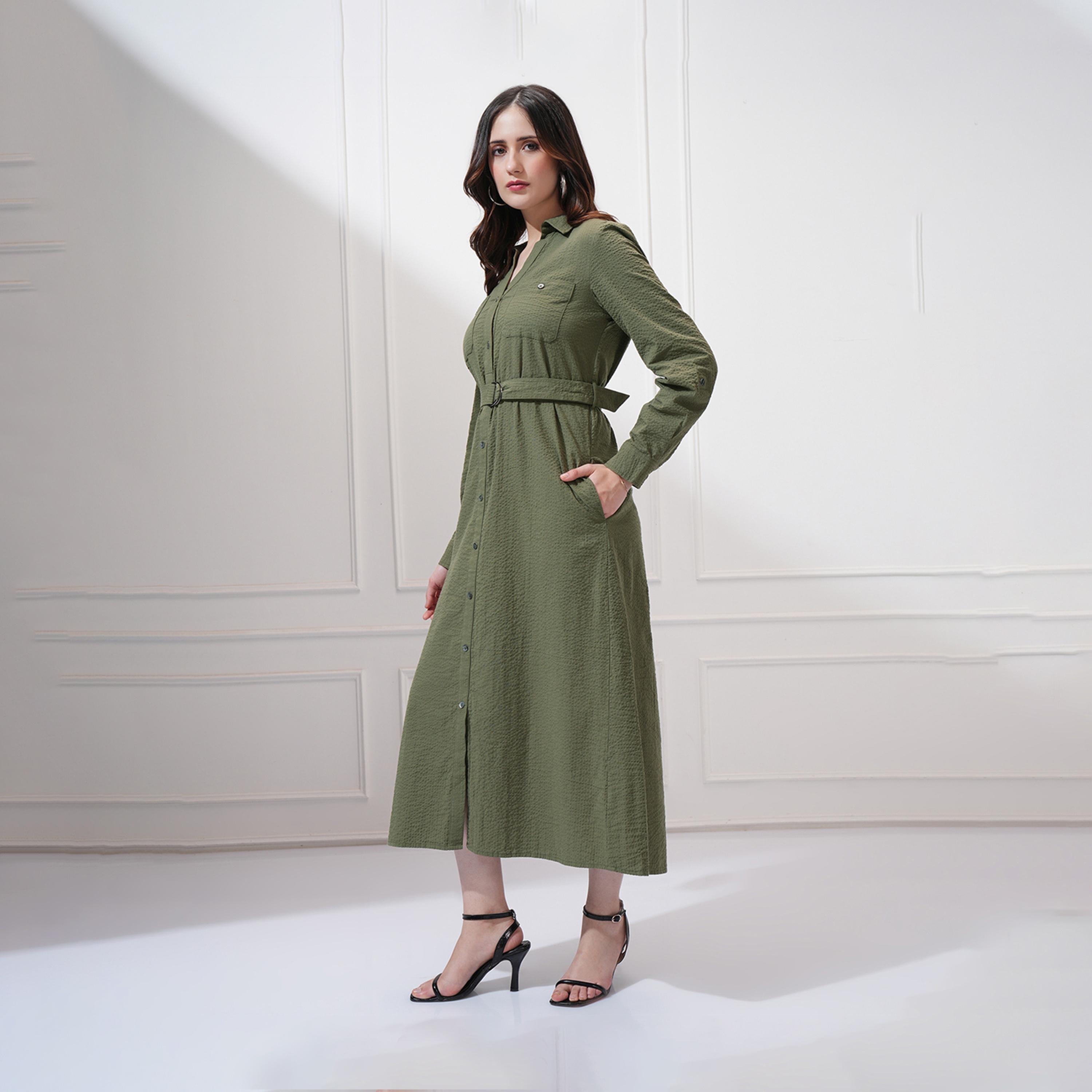 Tokyo Talkies X Styli Textured Collared Shirt Midi Dress with Belt Detail-women-clothing-dresses-image-3