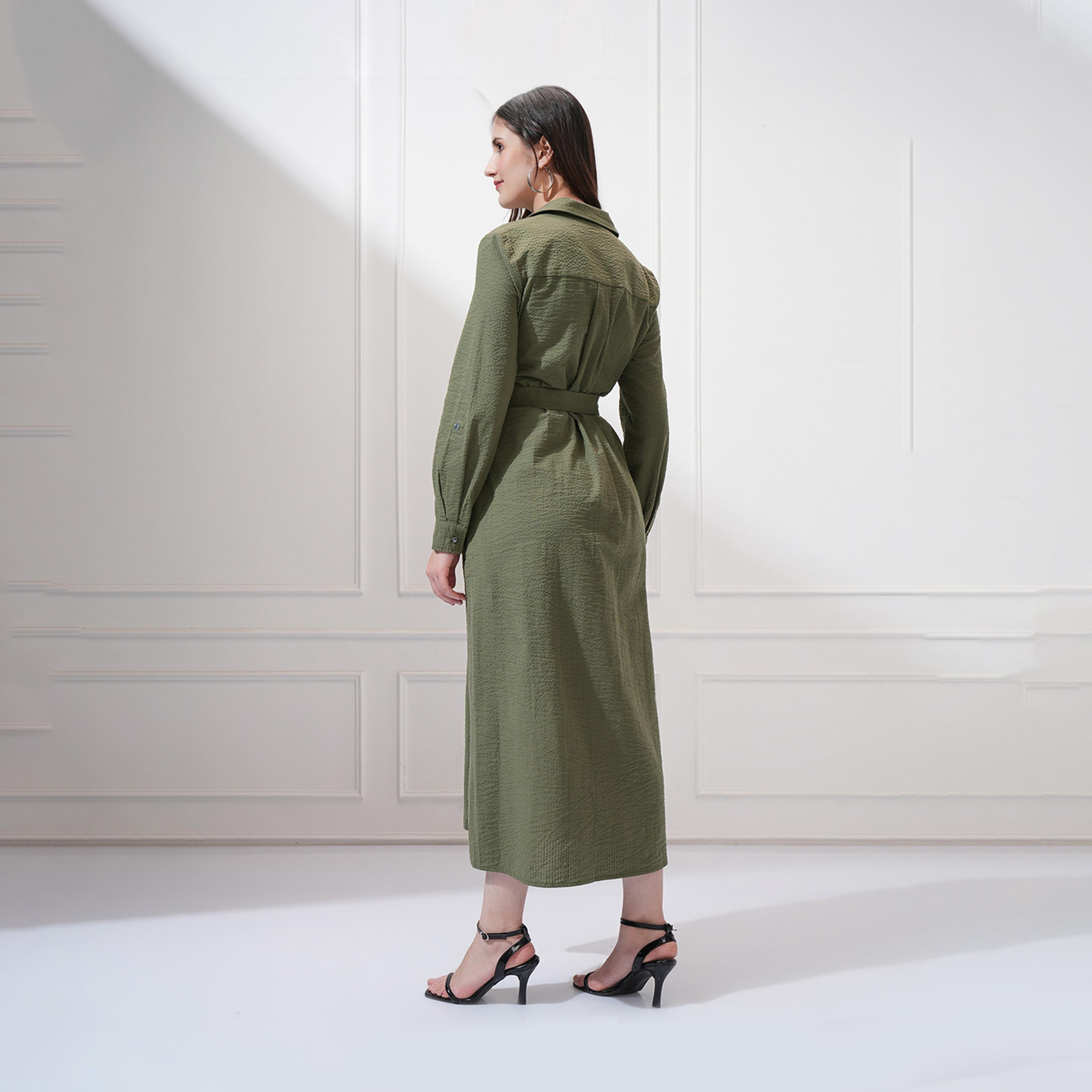 Tokyo Talkies X Styli Textured Collared Shirt Midi Dress with Belt Detail-women-clothing-dresses-image-4