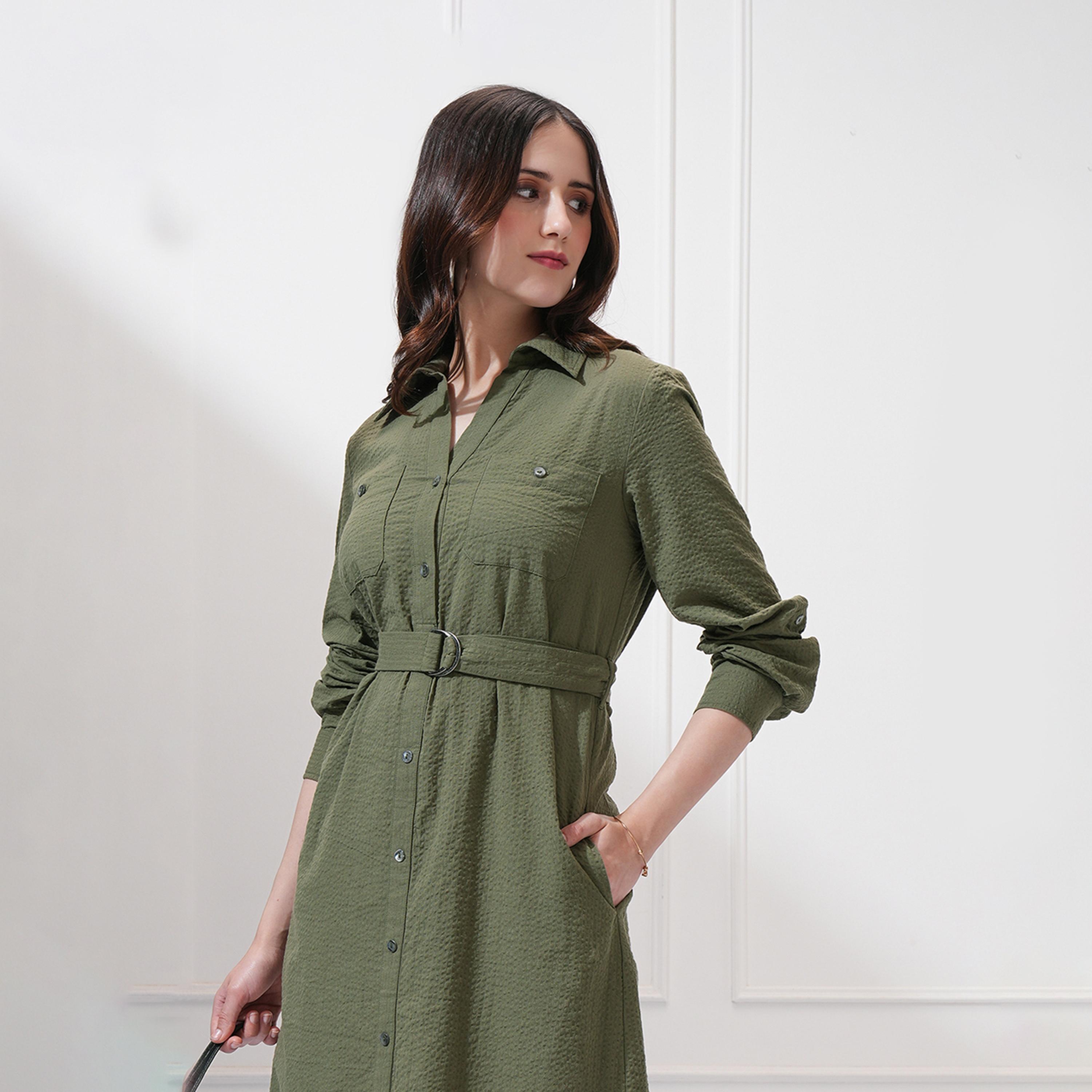 Tokyo Talkies X Styli Textured Collared Shirt Midi Dress with Belt Detail-women-clothing-dresses-image-5