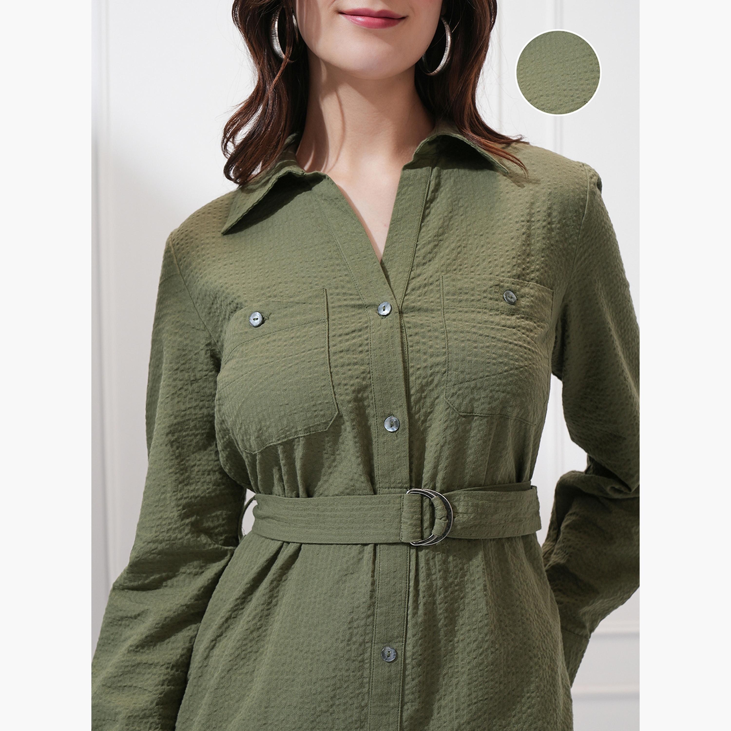 Tokyo Talkies X Styli Textured Collared Shirt Midi Dress with Belt Detail-women-clothing-dresses-image-6