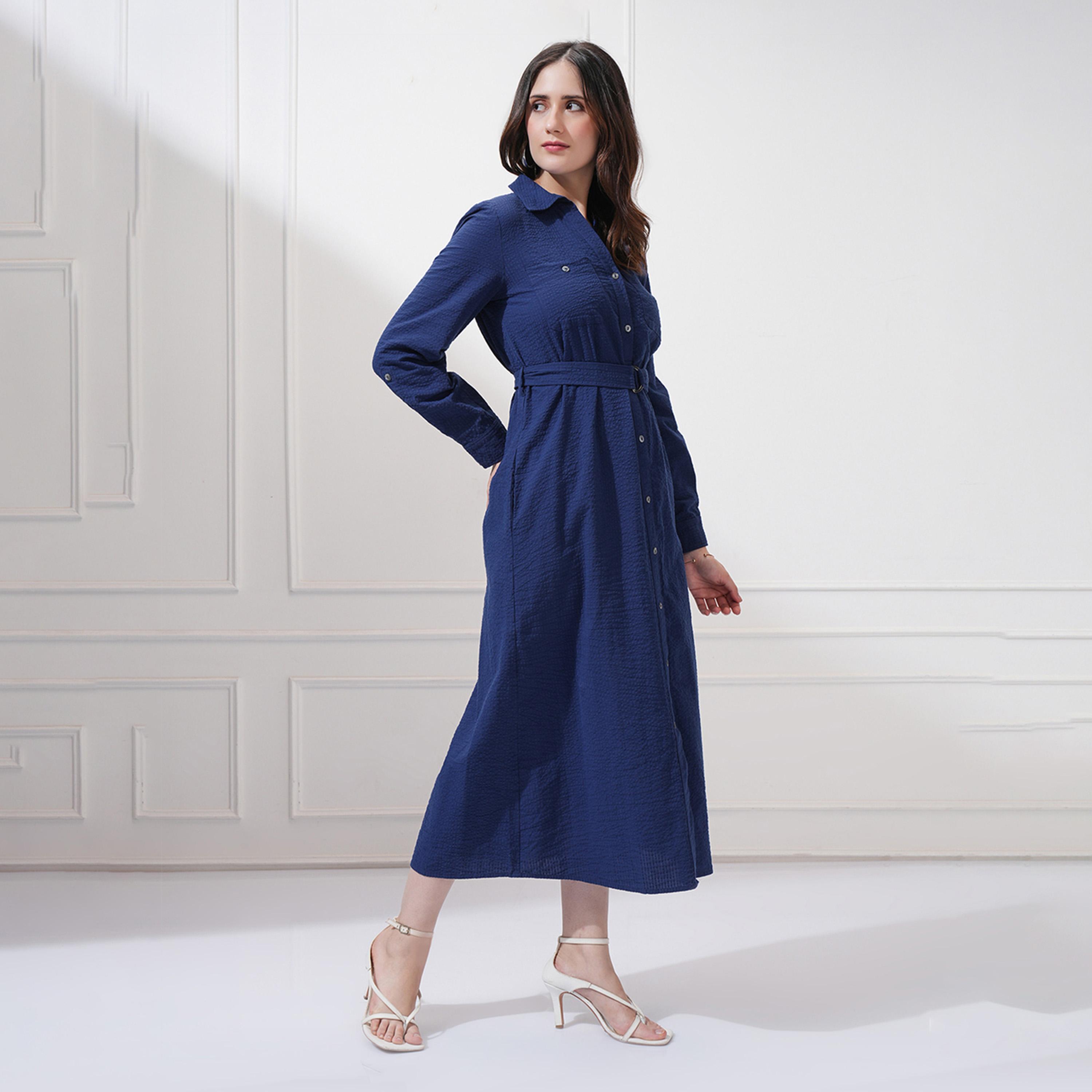Tokyo Talkies X Styli Textured Shirt Midi Dress with Waist Belt-women-clothing-dresses-image-1