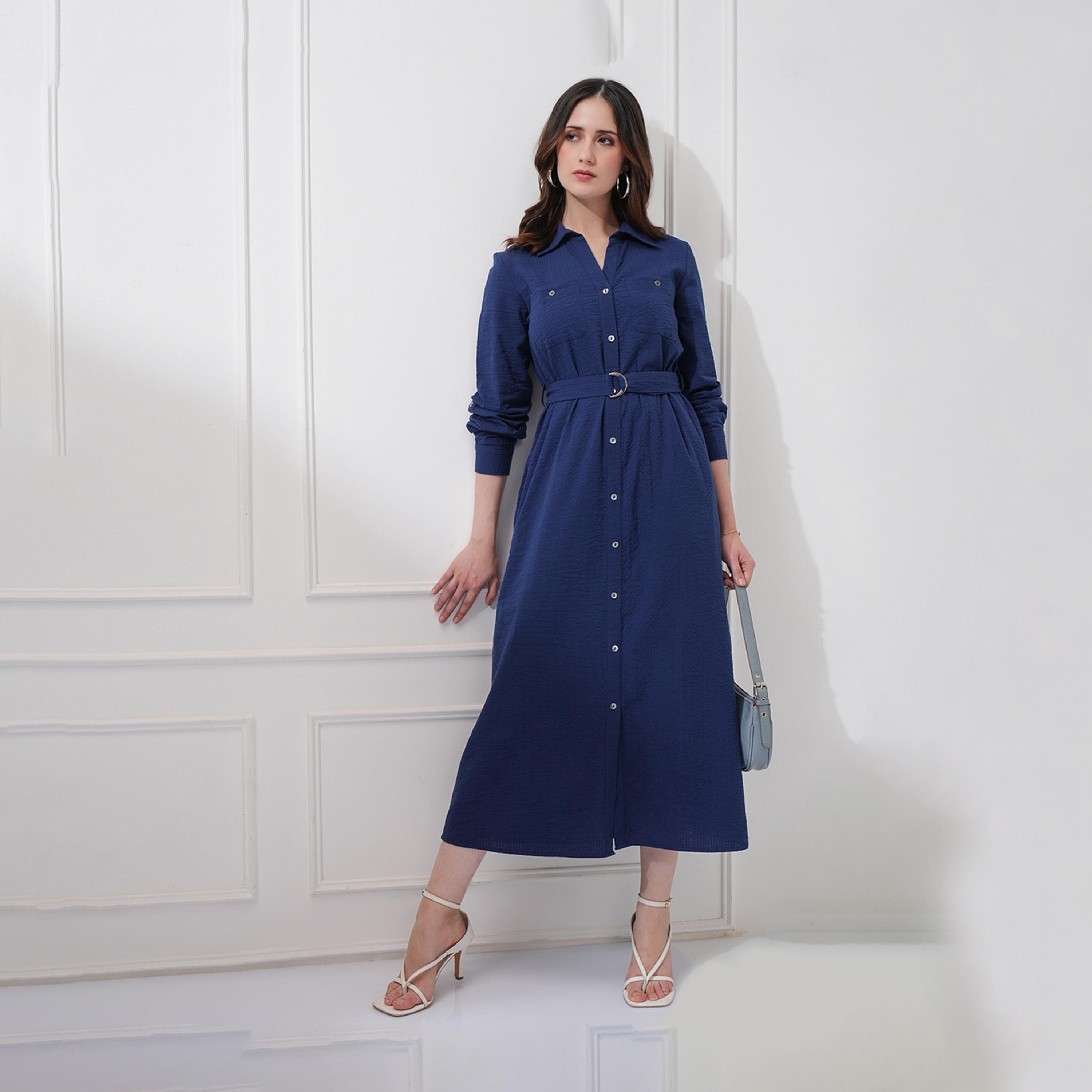 Tokyo Talkies X Styli Textured Shirt Midi Dress with Waist Belt-women-clothing-dresses-image-2