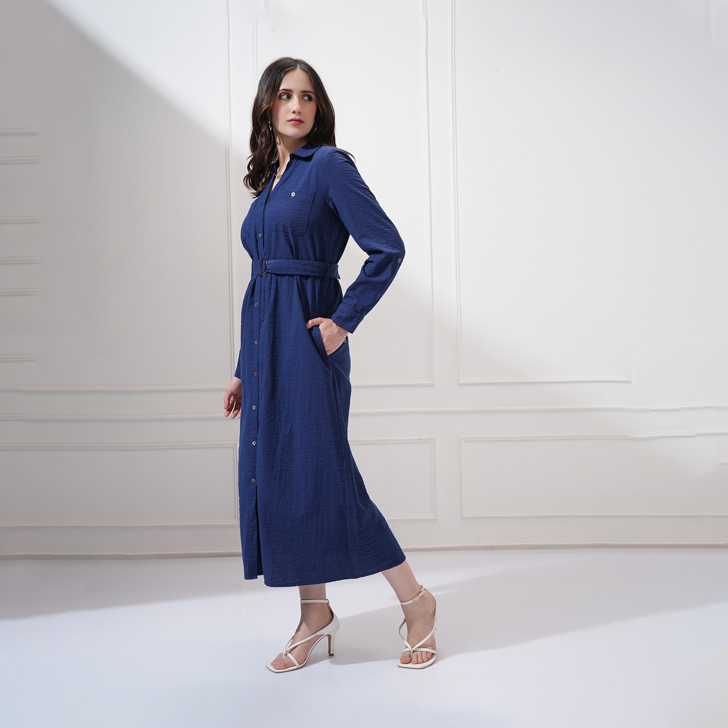 Tokyo Talkies X Styli Textured Shirt Midi Dress with Waist Belt-women-clothing-dresses-image-3