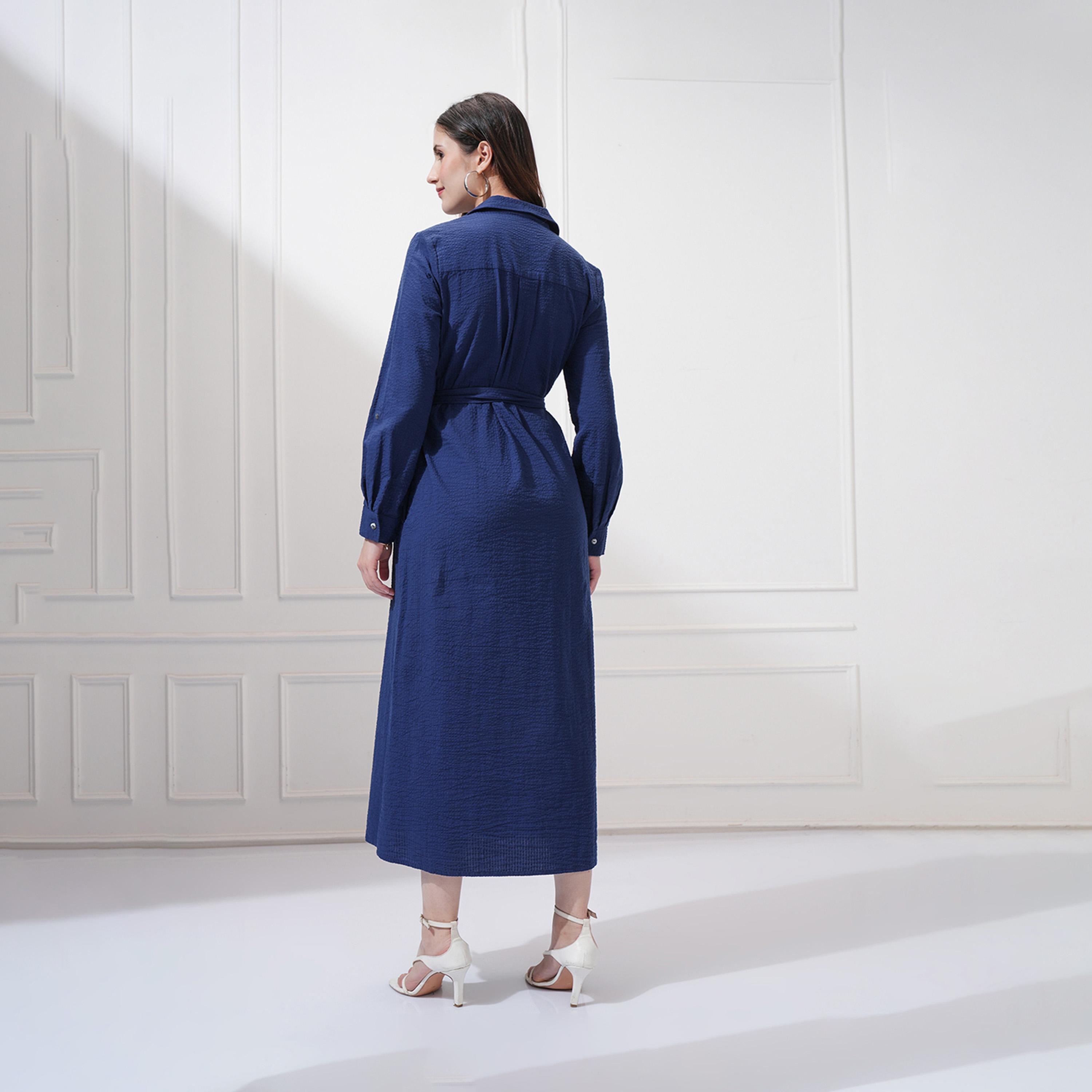 Tokyo Talkies X Styli Textured Shirt Midi Dress with Waist Belt-women-clothing-dresses-image-4