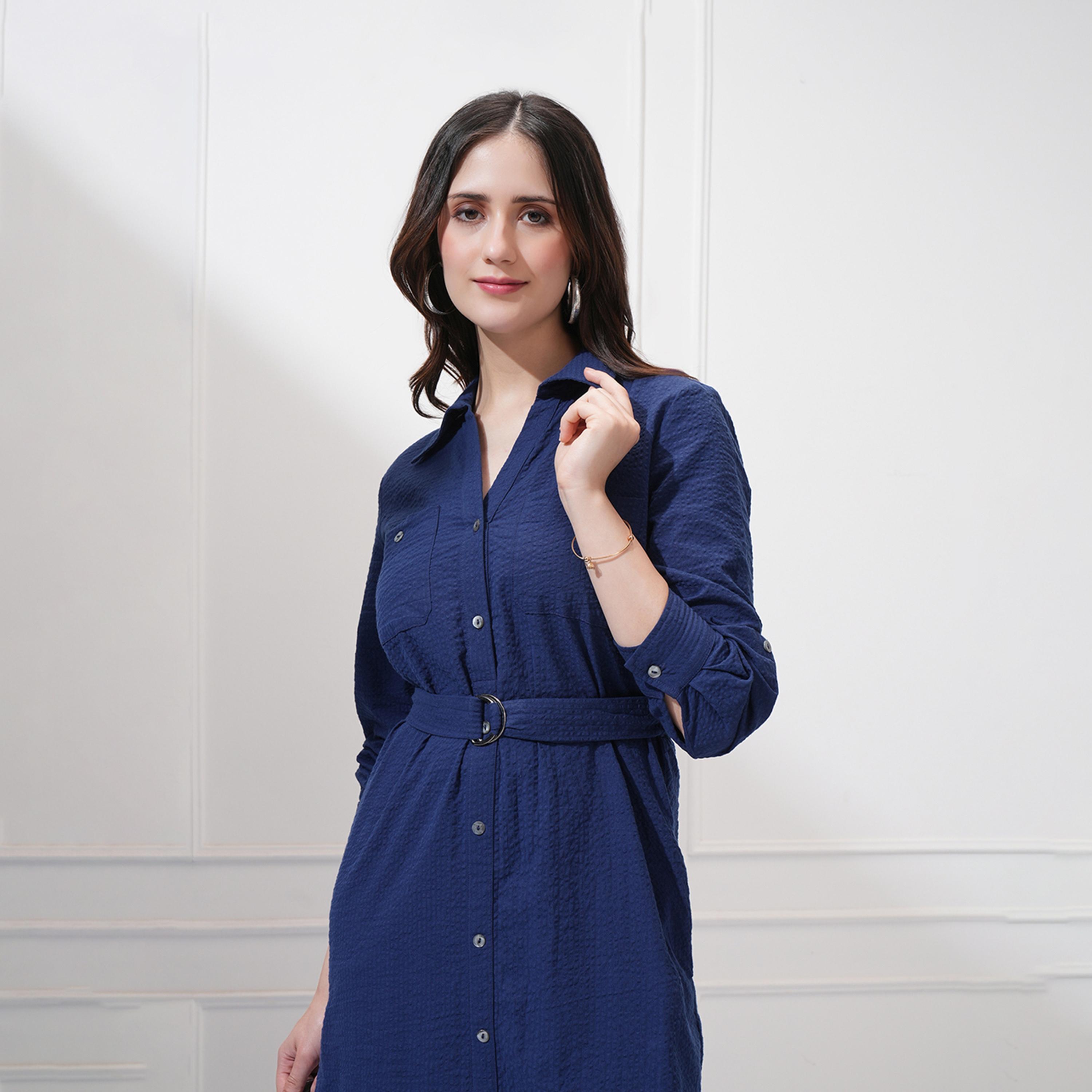 Tokyo Talkies X Styli Textured Shirt Midi Dress with Waist Belt-women-clothing-dresses-image-5