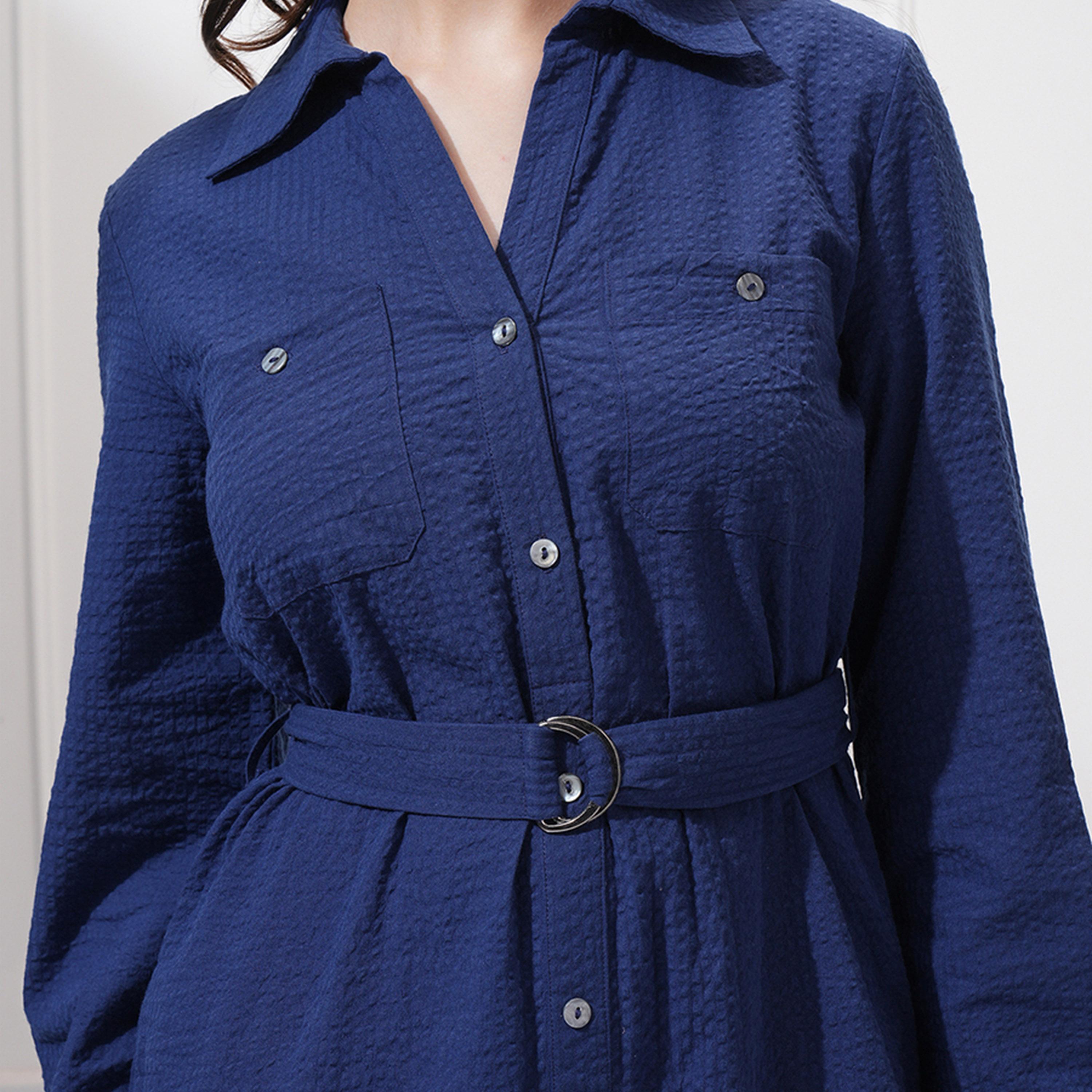 Tokyo Talkies X Styli Textured Shirt Midi Dress with Waist Belt-women-clothing-dresses-image-6