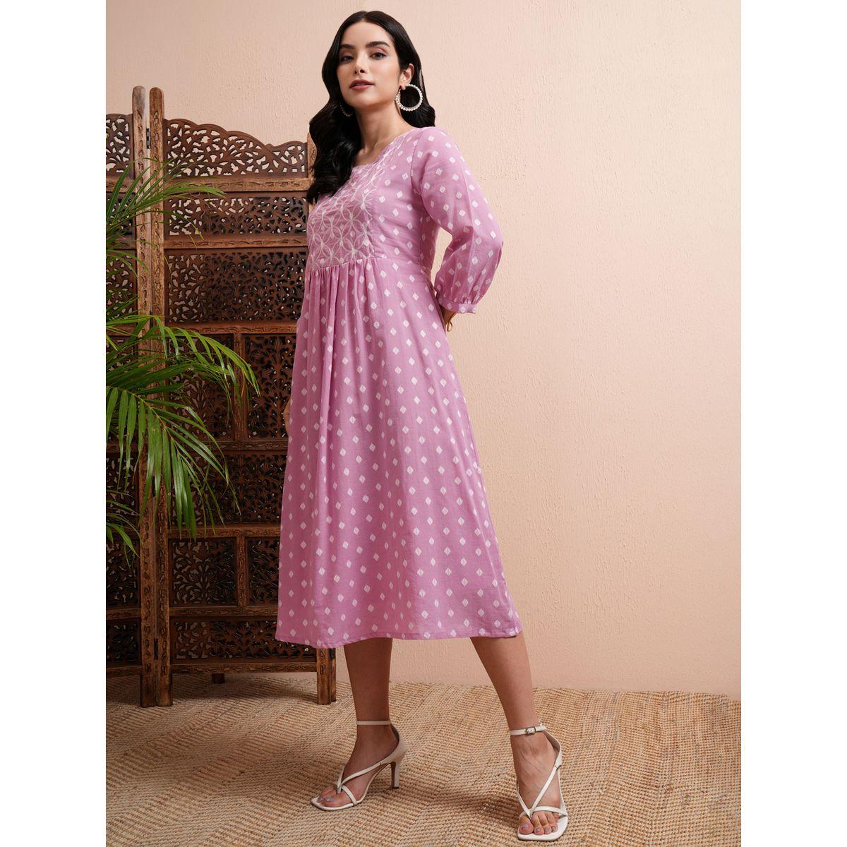 Vishudh X Styli All Over Printed A-Line Midi Dress with Cuffed Sleeves-women-clothing-dresses-image-4