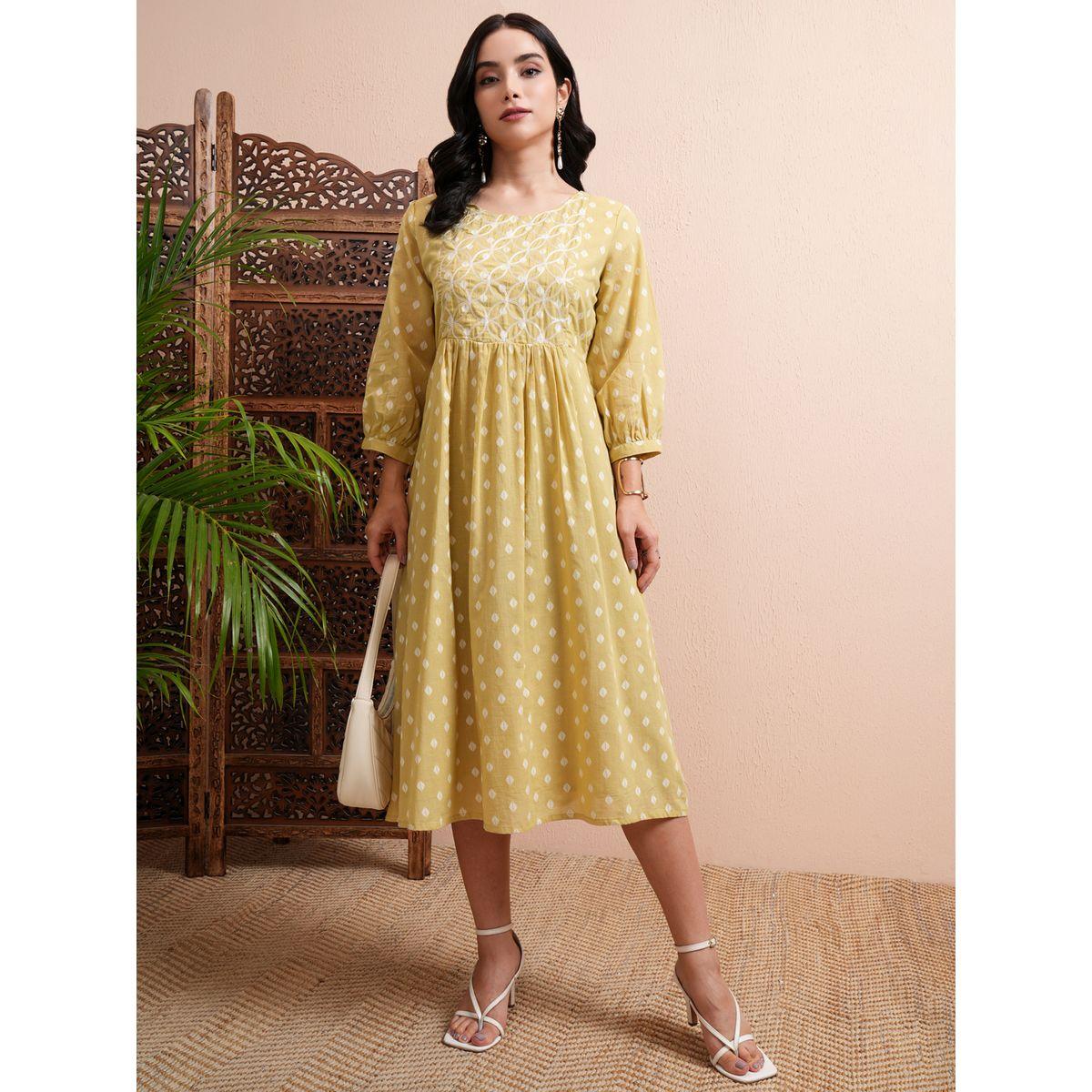 Vishudh X Styli All Over Printed A-Line Midi Dress with Cuffed Sleeves-women-clothing-dresses-image-2