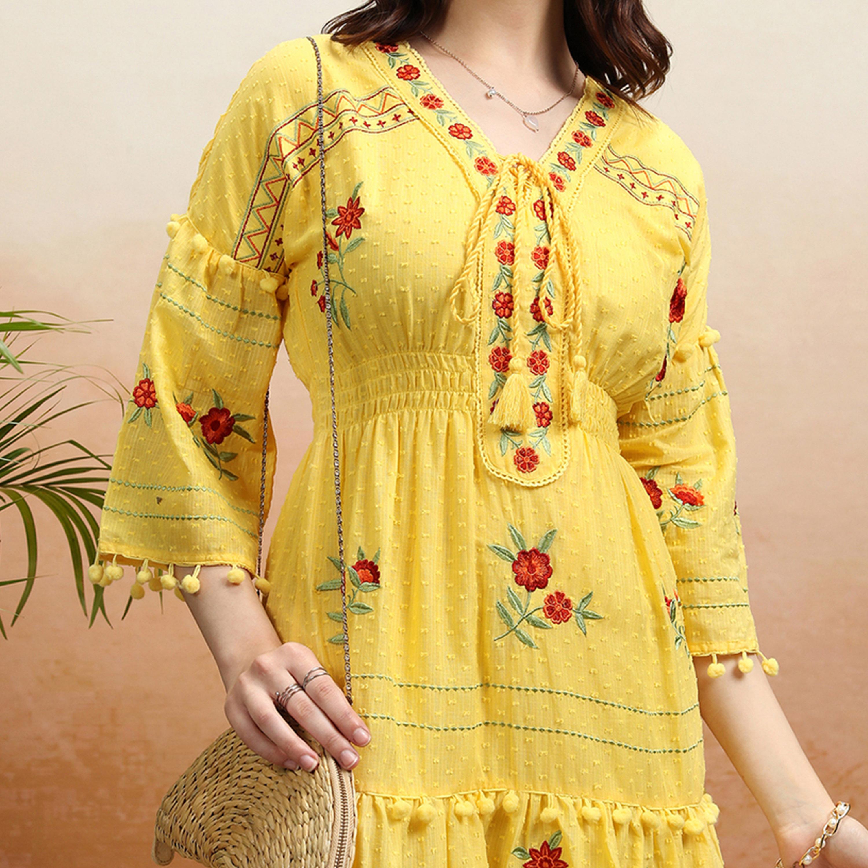 Vishudh X Styli Embroidered V Neck Mini Dress With Pom-Pom Detail-women-clothing-dresses-image-1