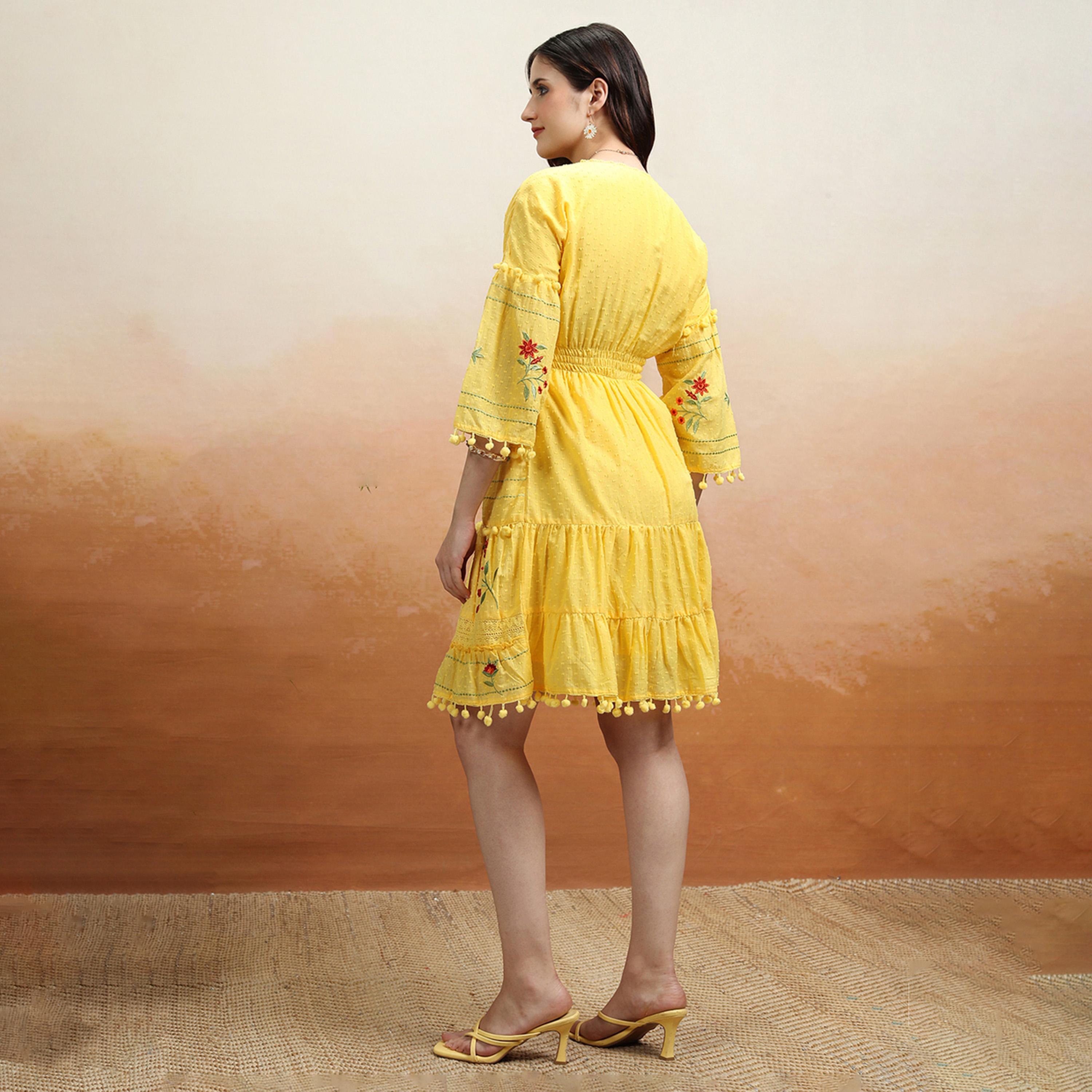 Vishudh X Styli Embroidered V Neck Mini Dress With Pom-Pom Detail-women-clothing-dresses-image-3