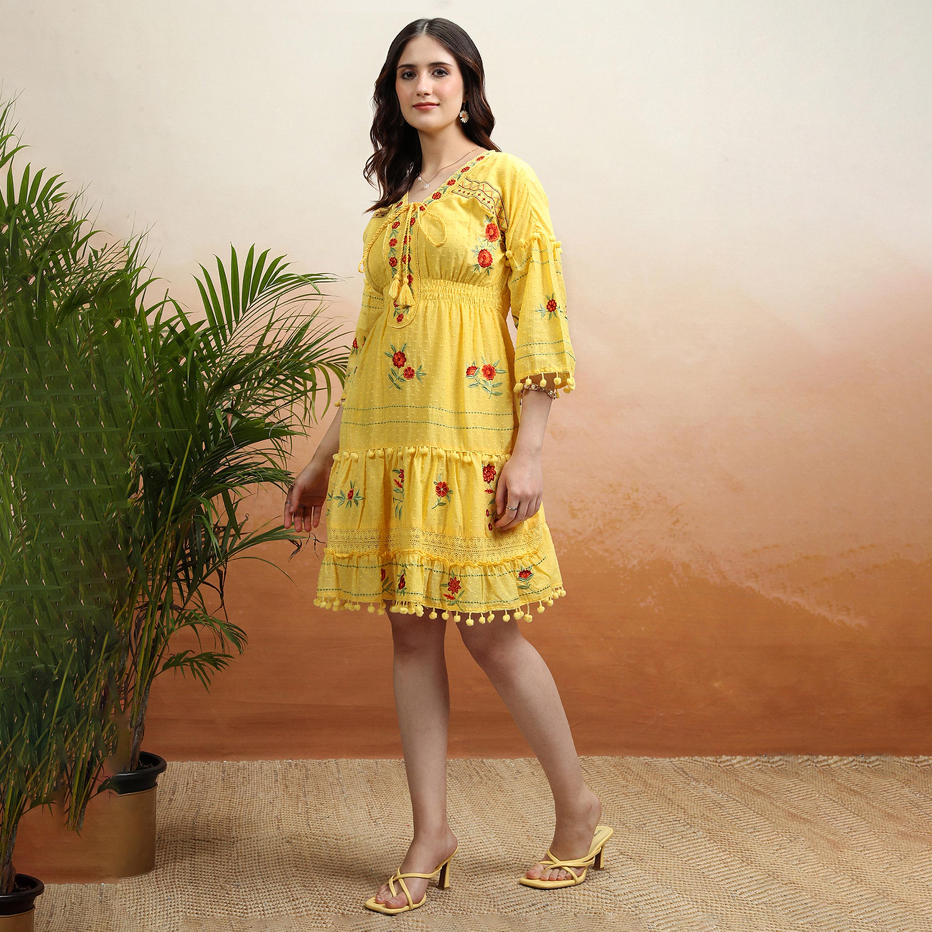 Vishudh X Styli Embroidered V Neck Mini Dress With Pom-Pom Detail-women-clothing-dresses-image-4