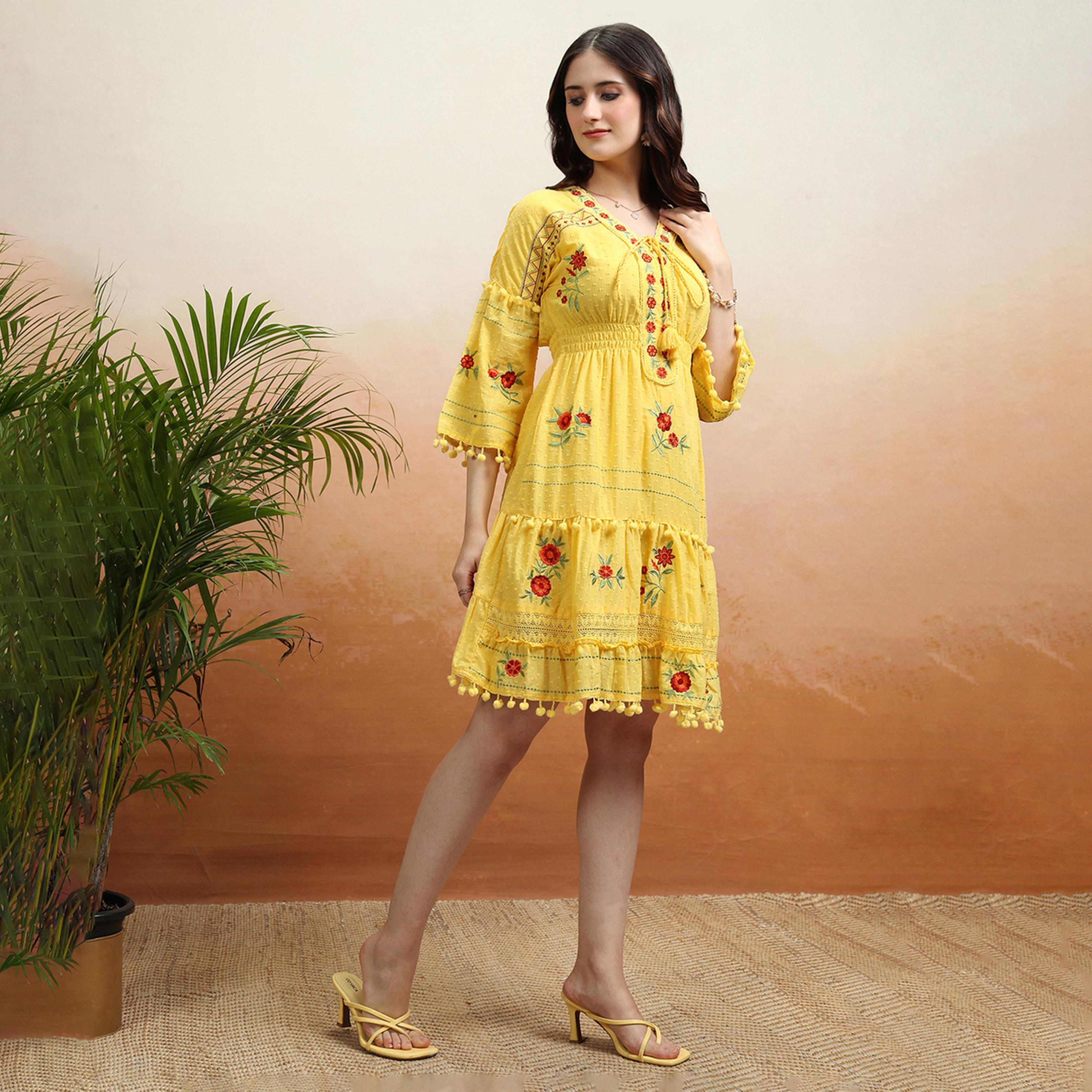 Vishudh X Styli Embroidered V Neck Mini Dress With Pom-Pom Detail-women-clothing-dresses-image-6